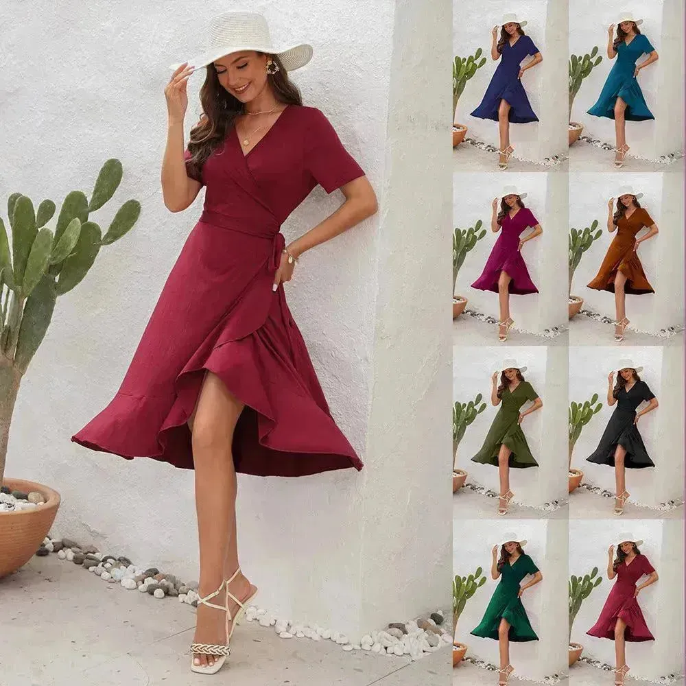 2024 Summer Solid Color Long Short Sleeve V-neck High Waist Tied Midi  Dress