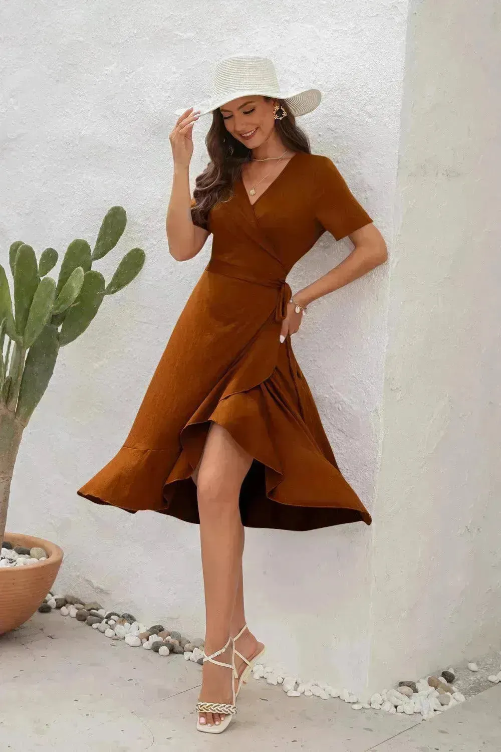 2024 Summer Solid Color Long Short Sleeve V-neck High Waist Tied Midi  Dress