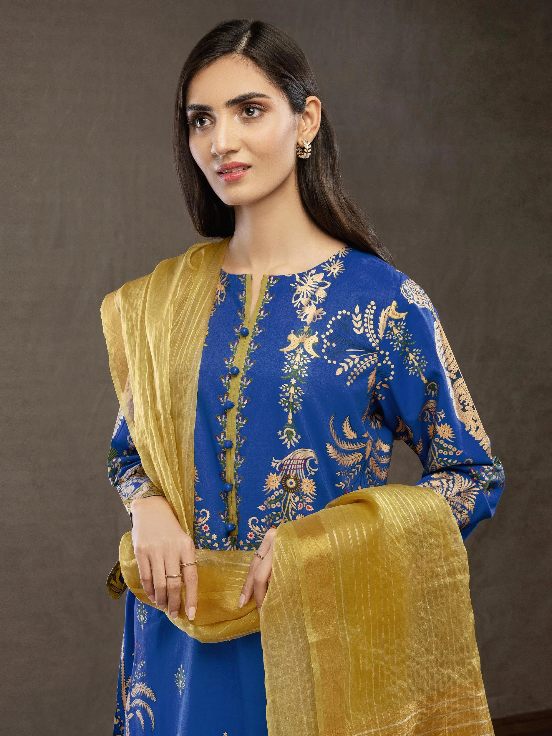 3 Piece Lawn Suit-Gold Pasted Print (Unstitched)