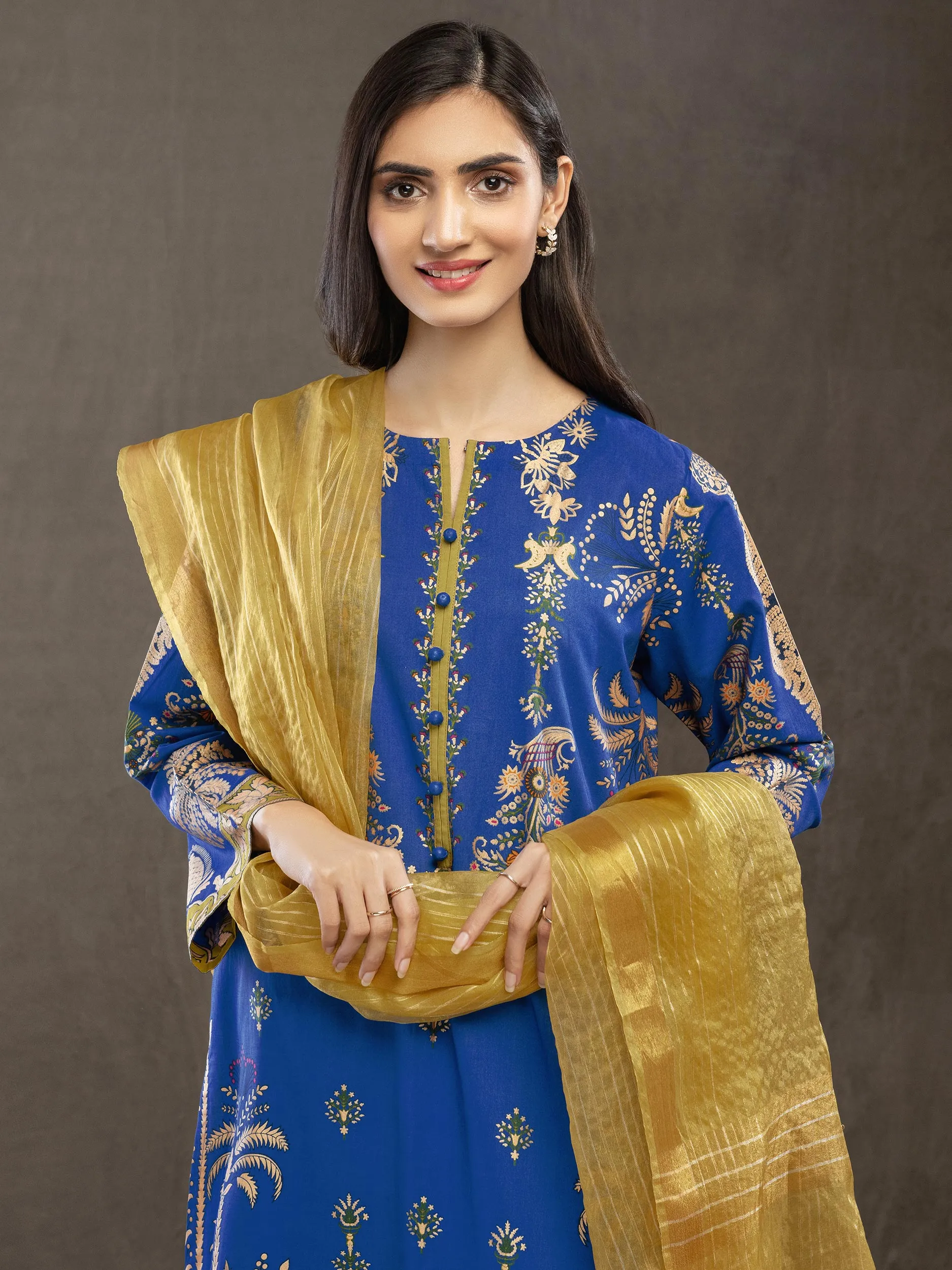 3 Piece Lawn Suit-Gold Pasted Print (Unstitched)