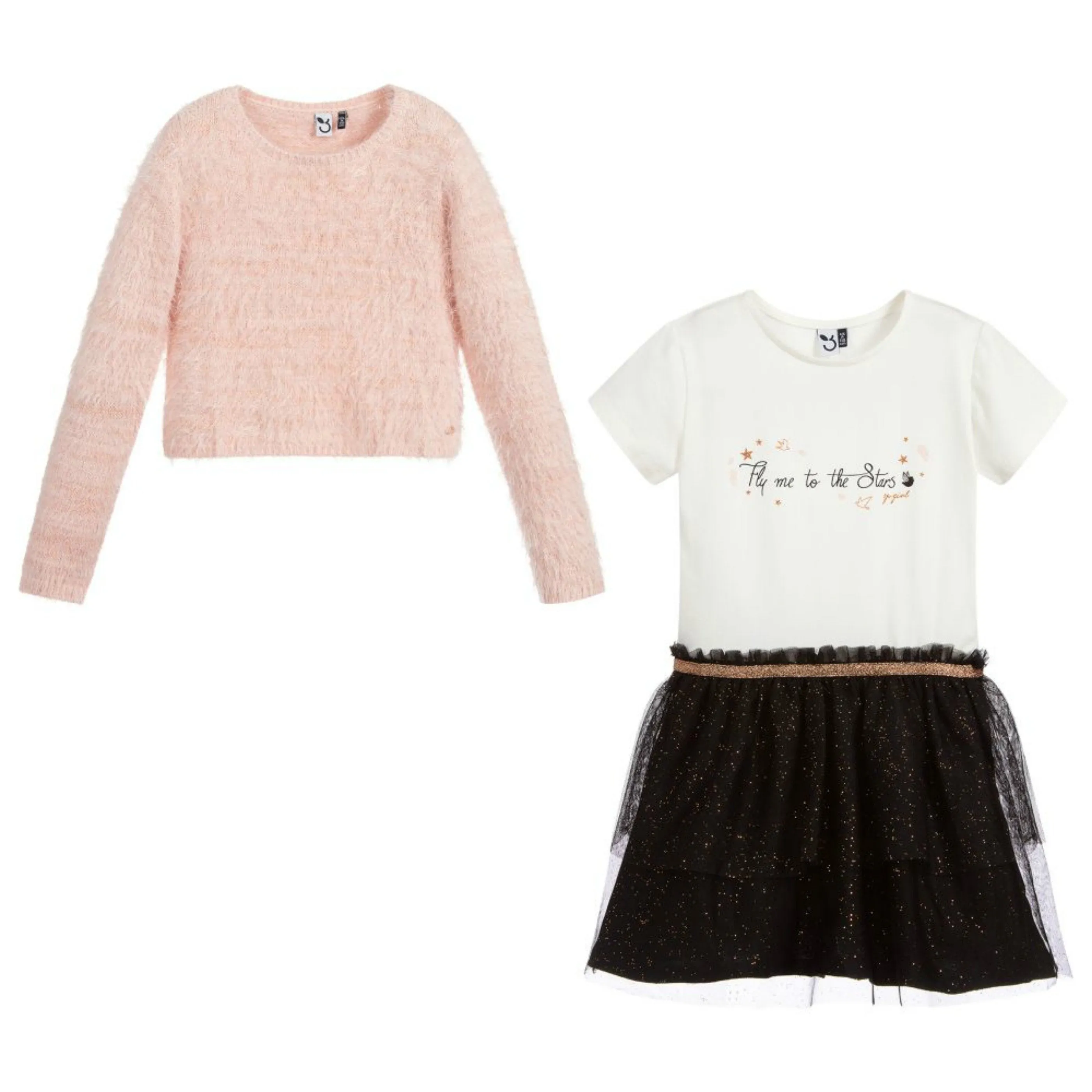 3Pommes Girls Pink Sweater & Black Tulle Dress Set