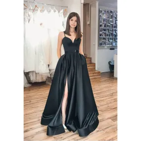 A-line Black Satin Spaghetti Straps V-neck Simple Prom Dress with Pockets