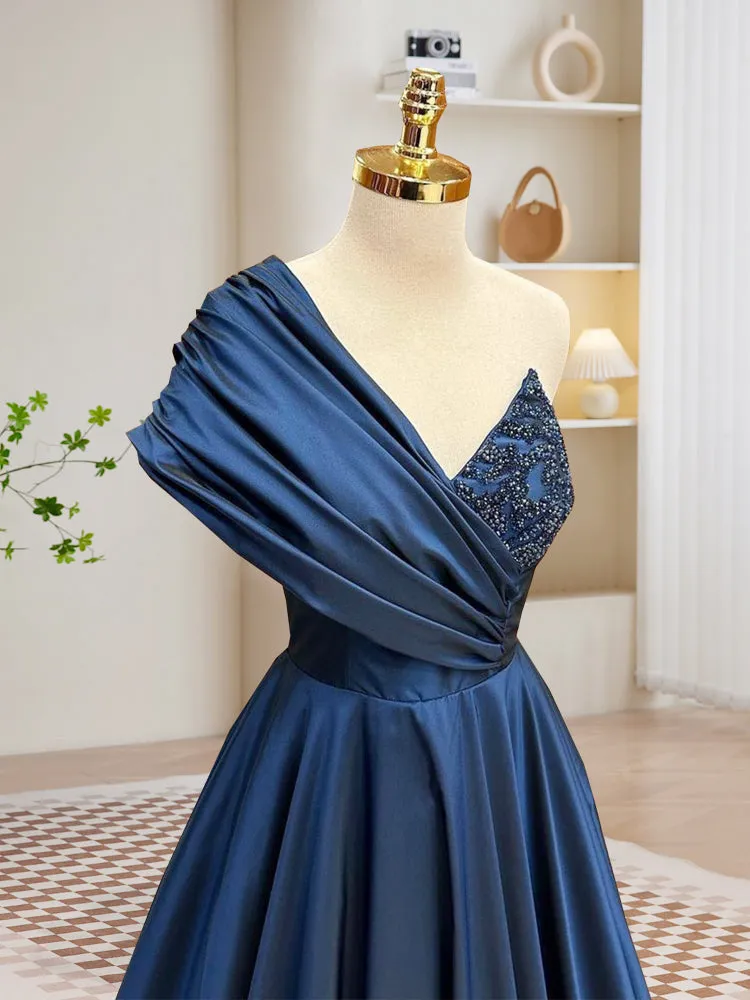 A-Line One Shoulder Satin Beads Dark Blue Long Prom Dress, Blue Long Evening Dress