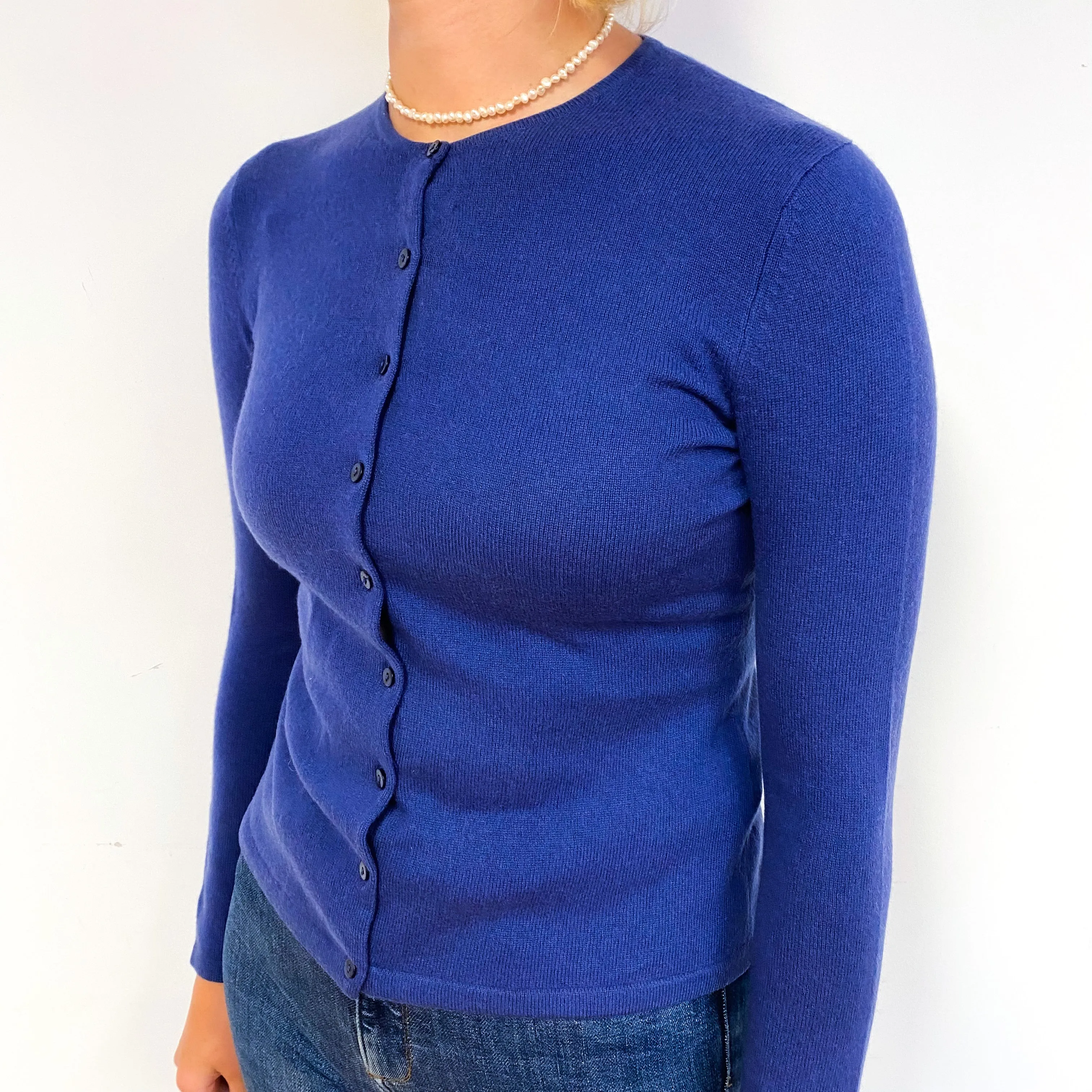 Admiral Blue Cashmere Crew Neck Cardigan Small/Petite