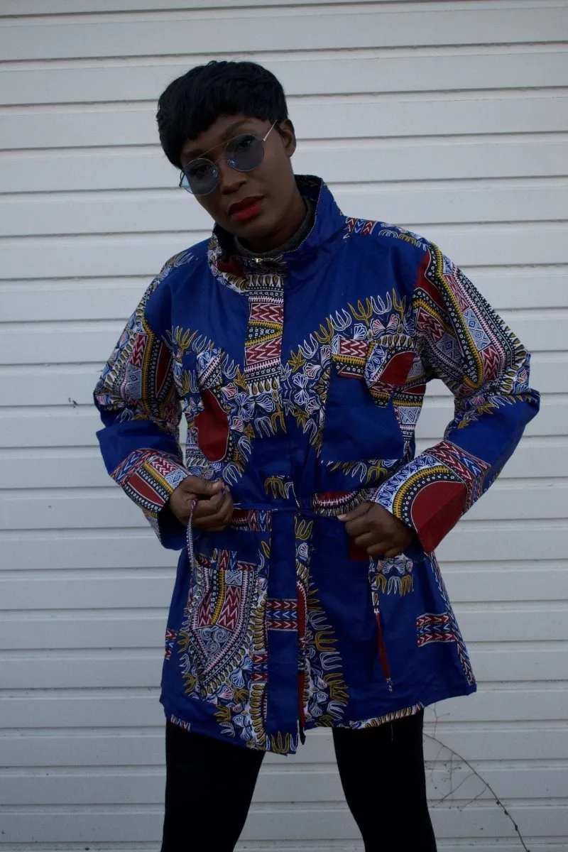 African Coat in Blue Dashiki - African Winter Coat