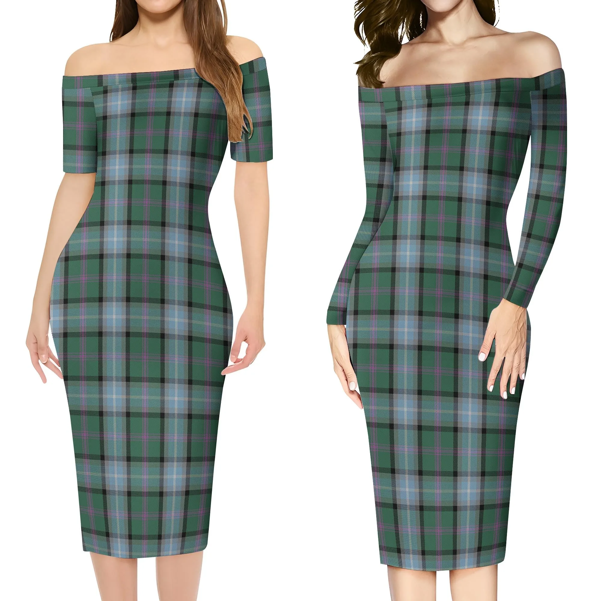 Alexander of Menstry Hunting Tartan Off Shoulder Lady Dress