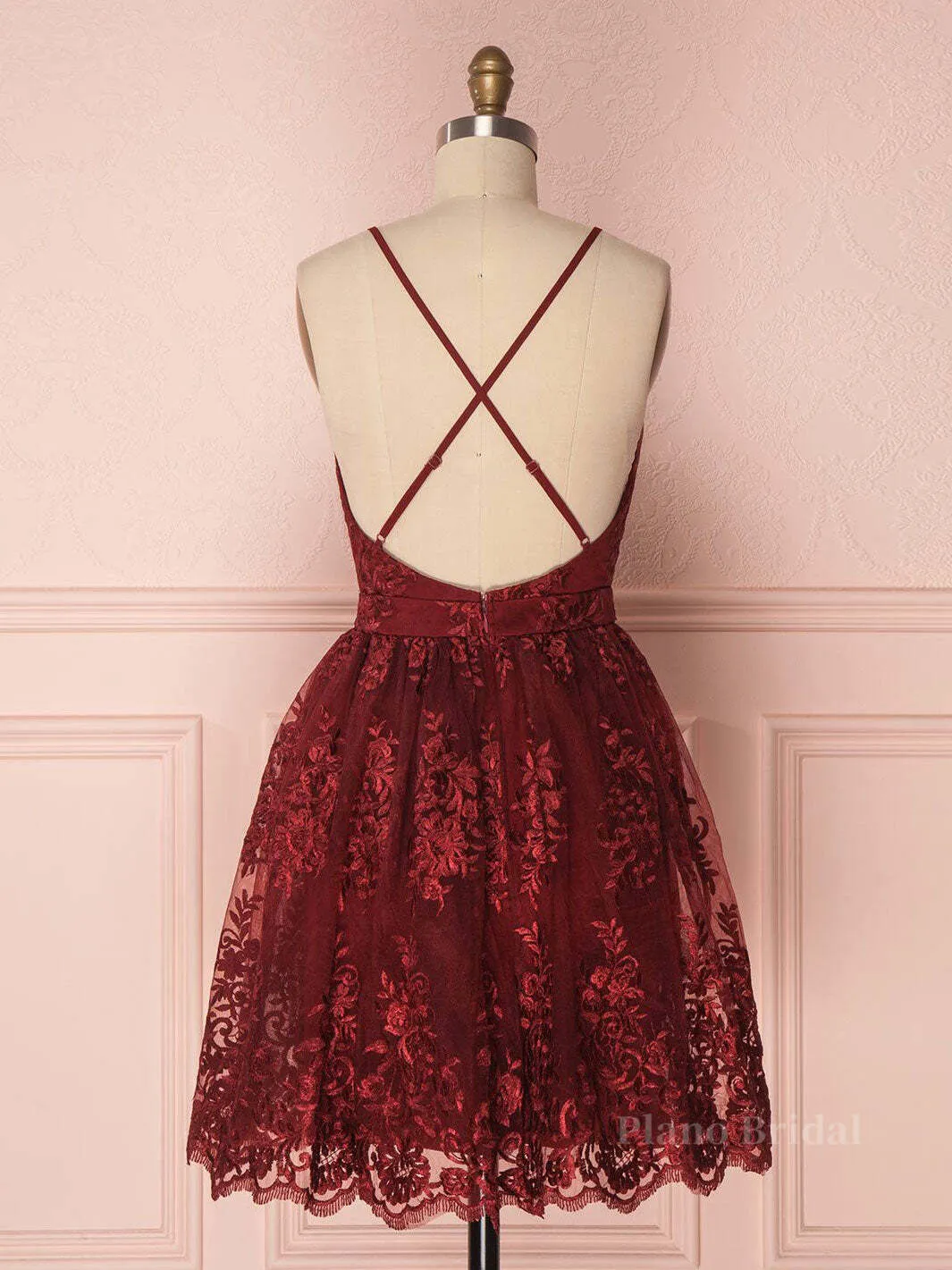 Aline v neck tulle lace short burgundy prom dresses, backless burgundy homecoming dress