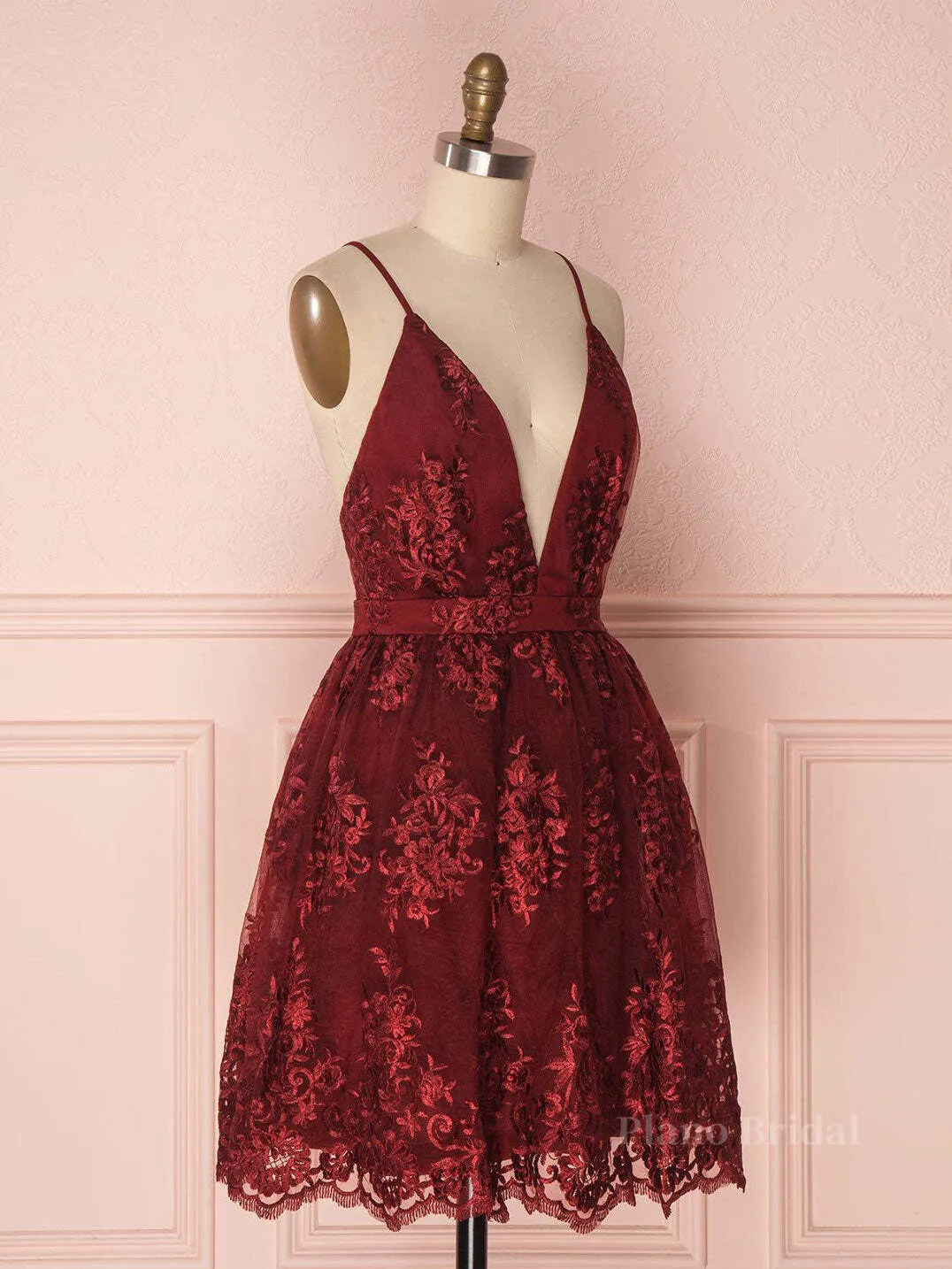 Aline v neck tulle lace short burgundy prom dresses, backless burgundy homecoming dress