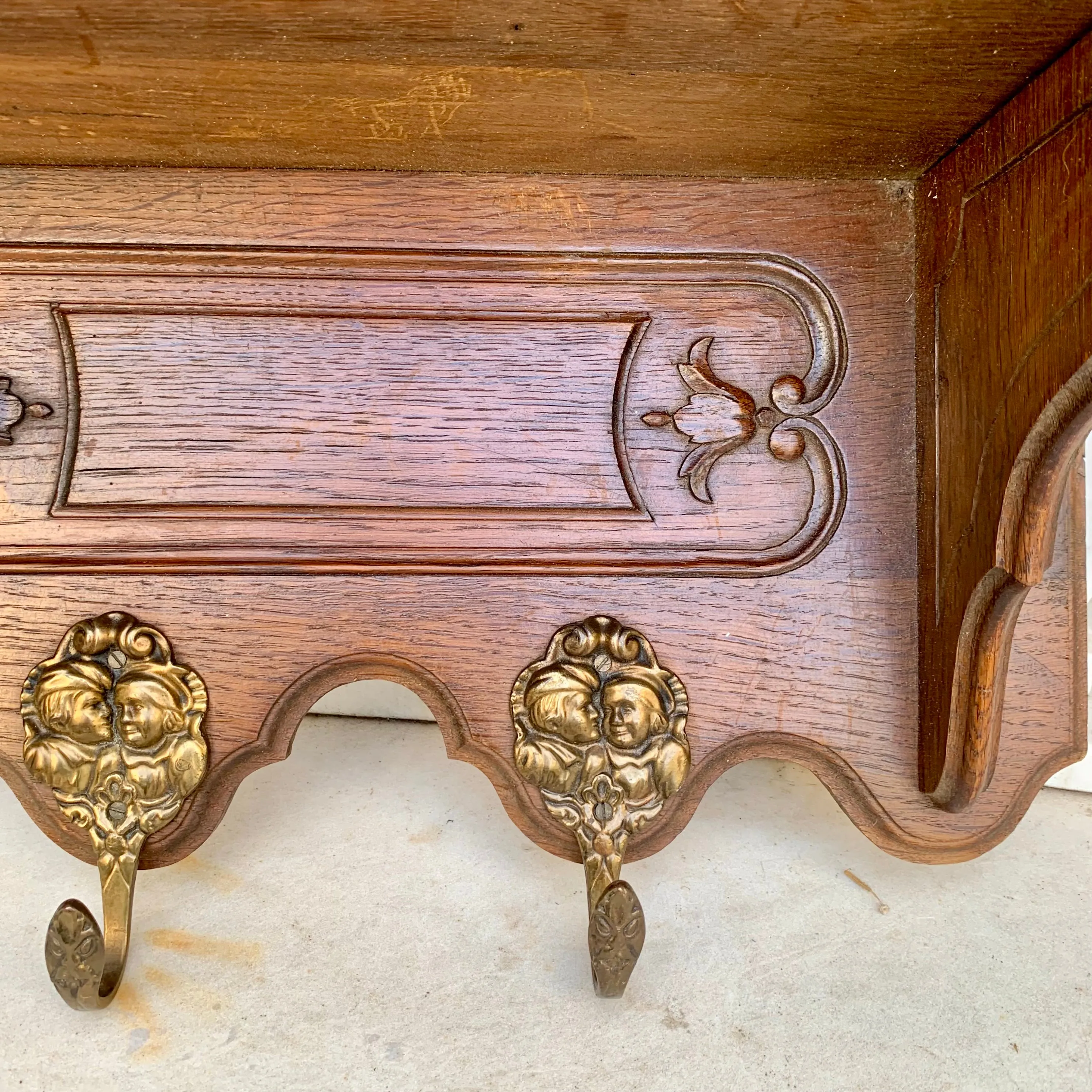 Antique French Oak Wall Coat Rack