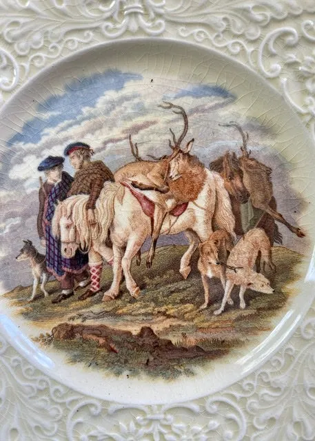 Antique Prattware Scottish Hunt Scene stag horse dogs Transferware Plate Relief Border