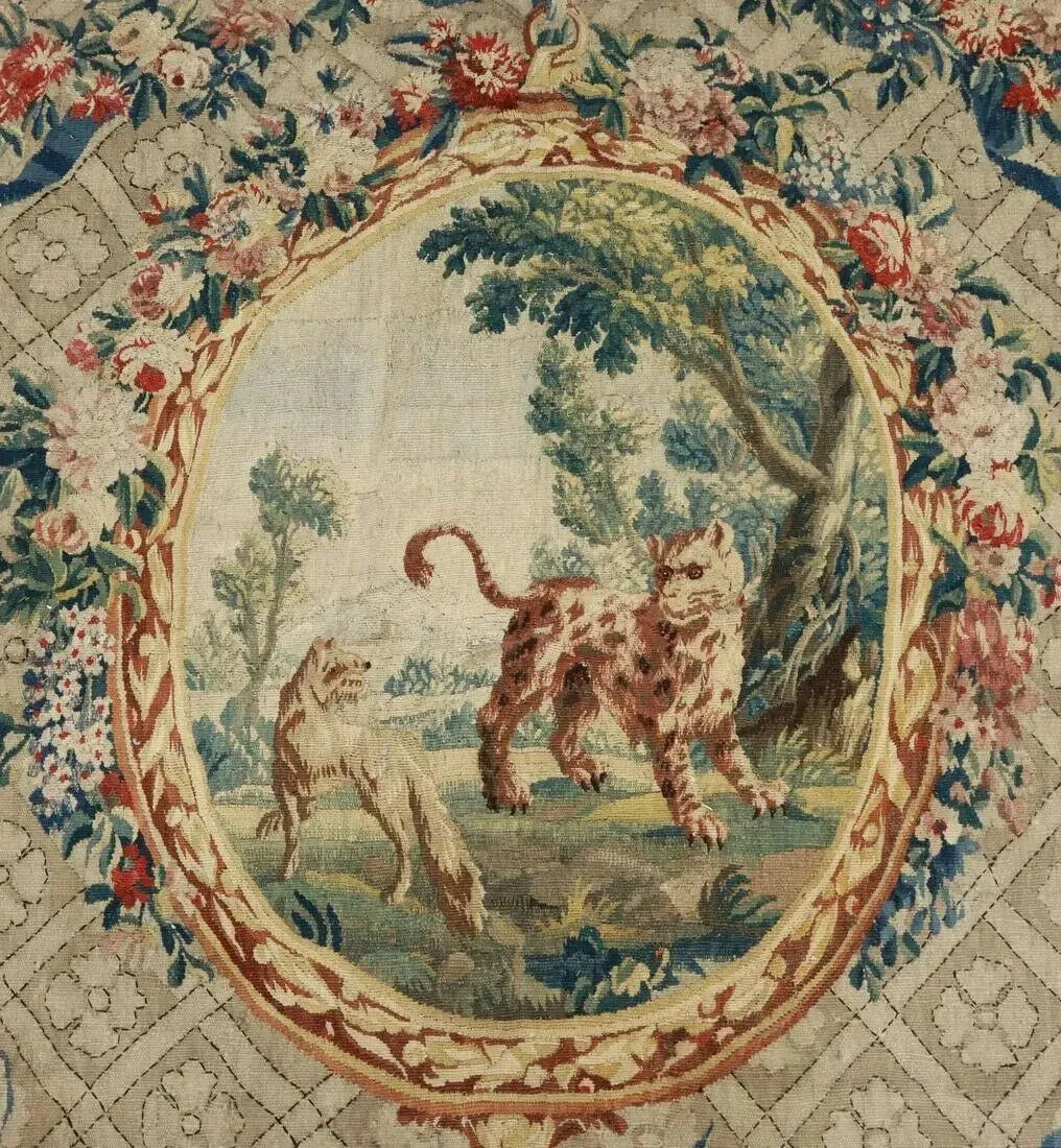 Antique Tapestry, Aubusson, Fontaine's Fables , 87" X 125", Floral, Farming,  1700s!