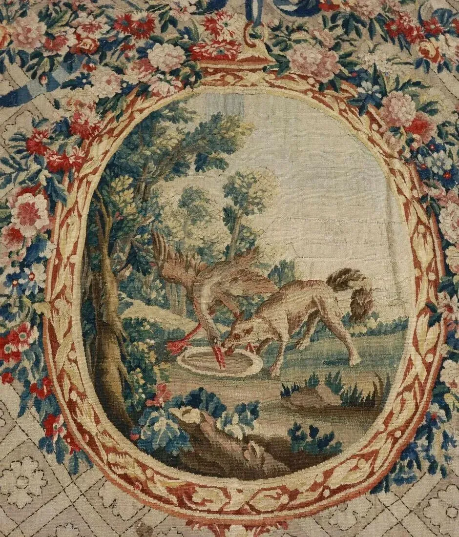 Antique Tapestry, Aubusson, Fontaine's Fables , 87" X 125", Floral, Farming,  1700s!