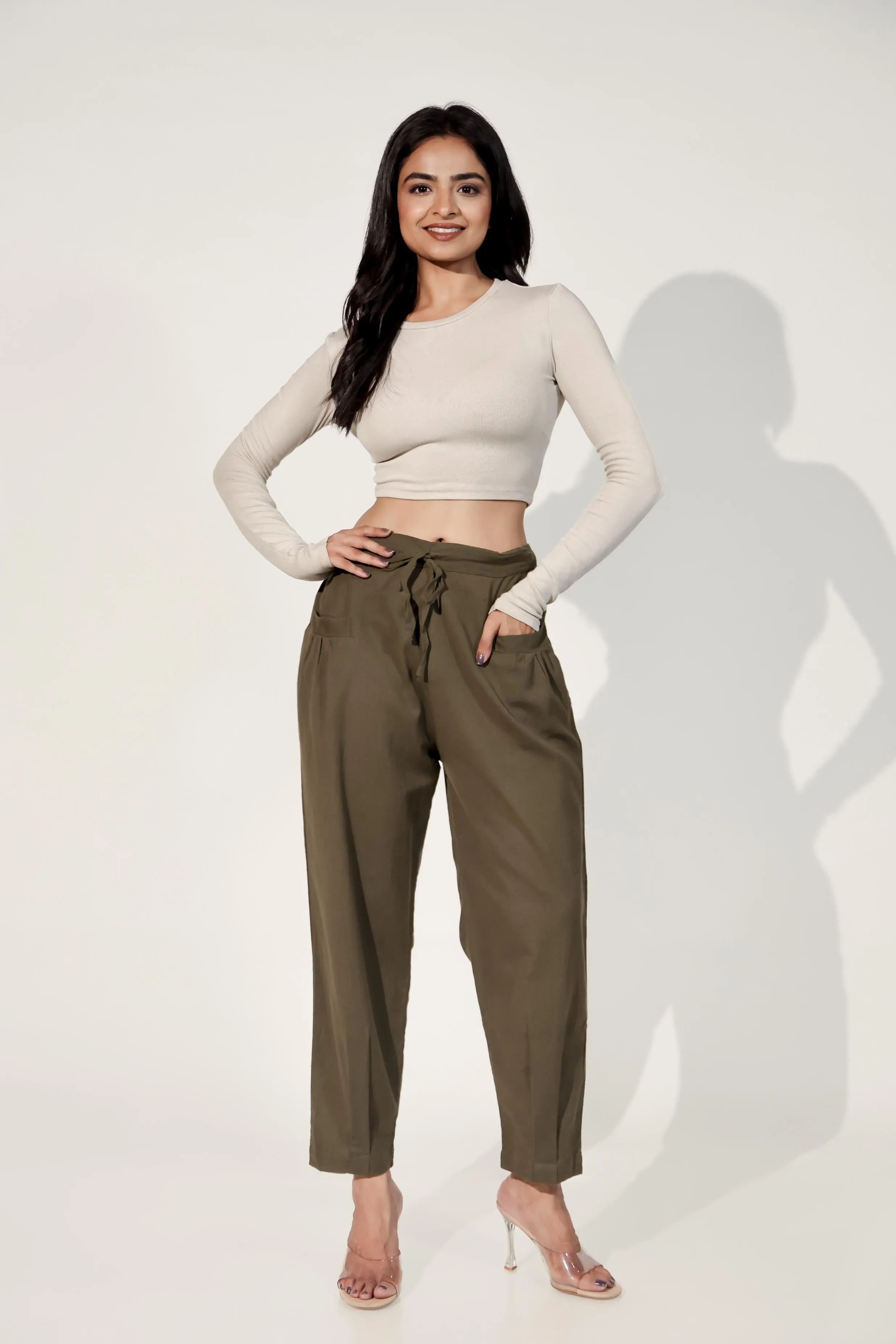 Army Green Women's Pleated-Narrow Trousers