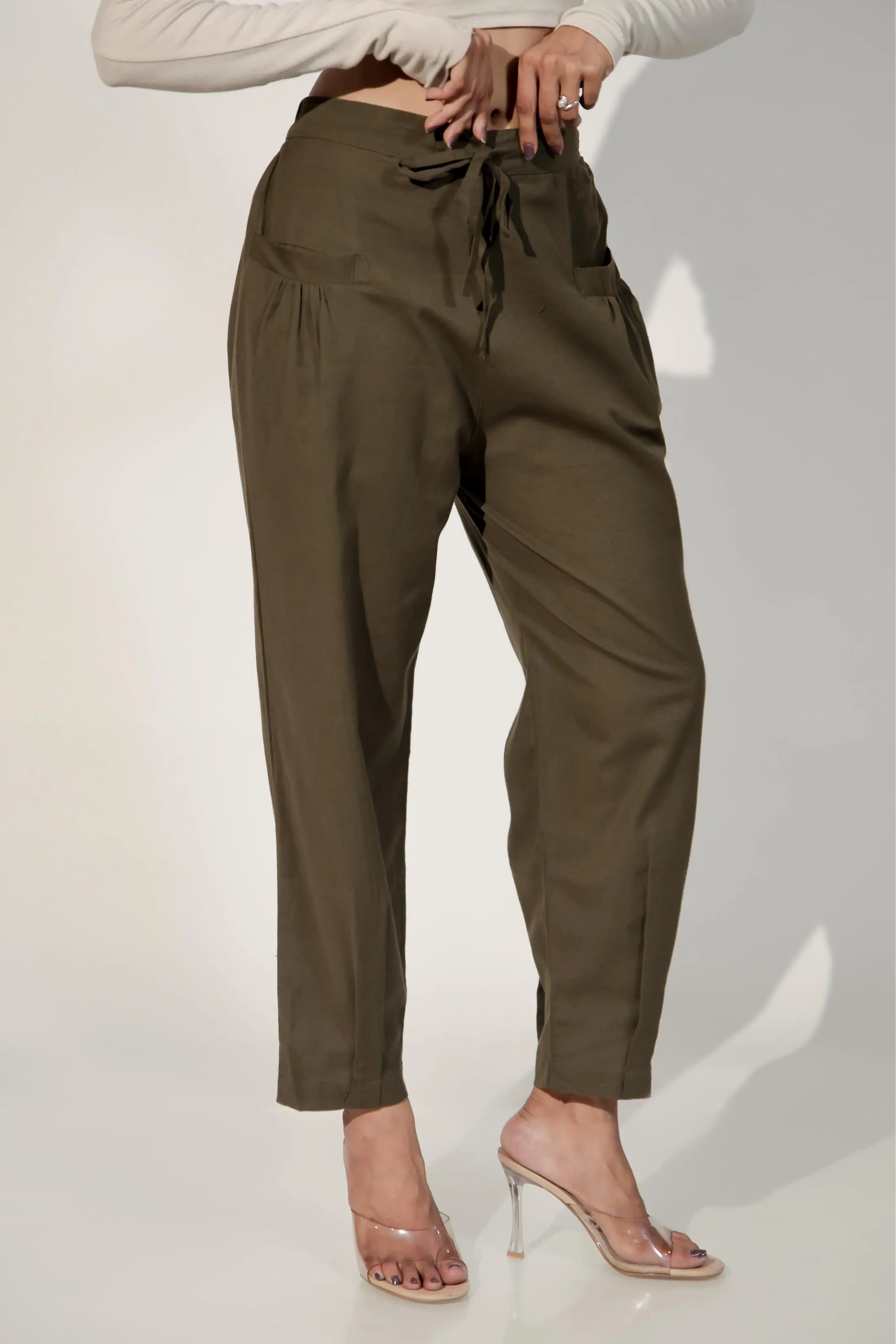 Army Green Women's Pleated-Narrow Trousers