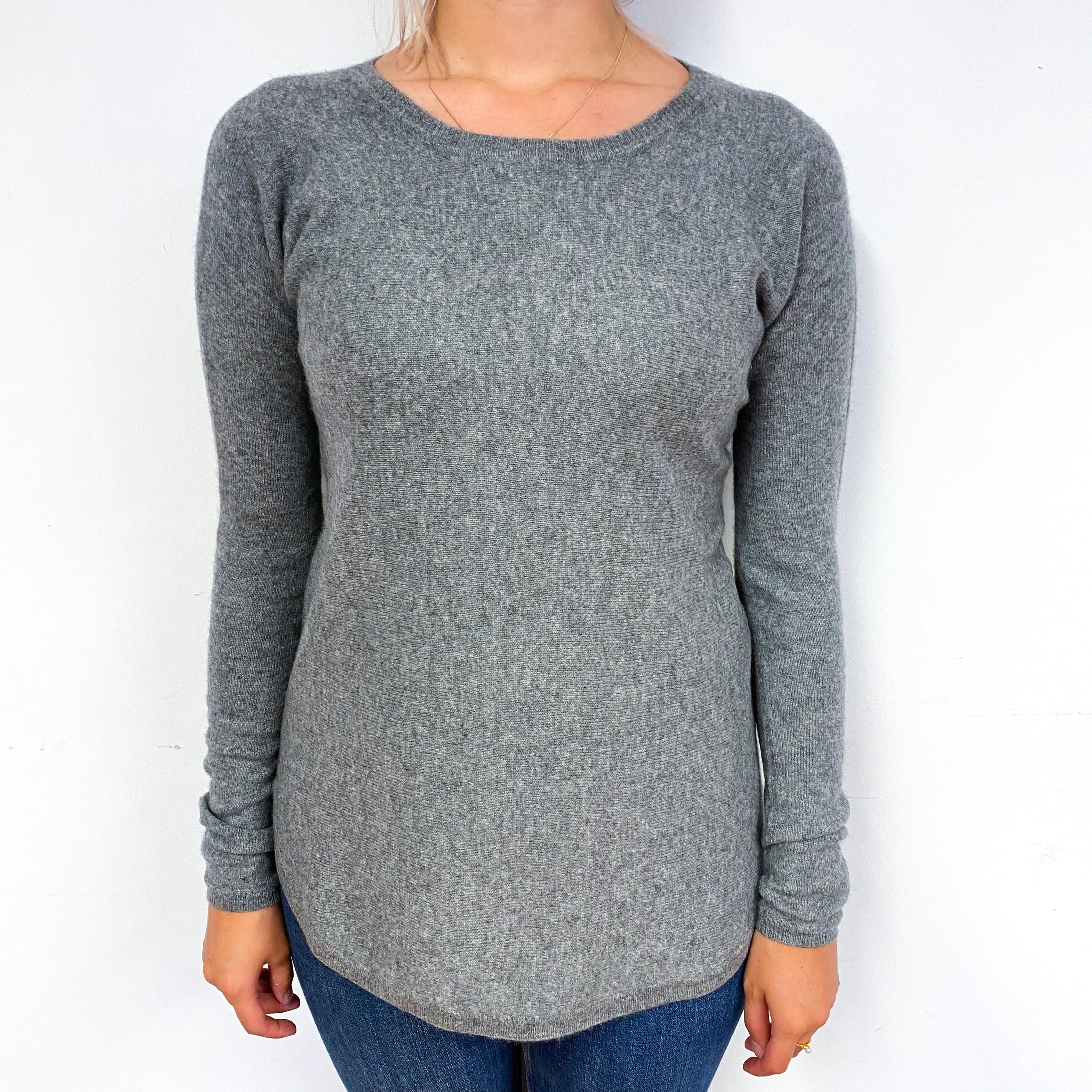 Ash Grey Longline Cashmere Crew Neck Jumper Small