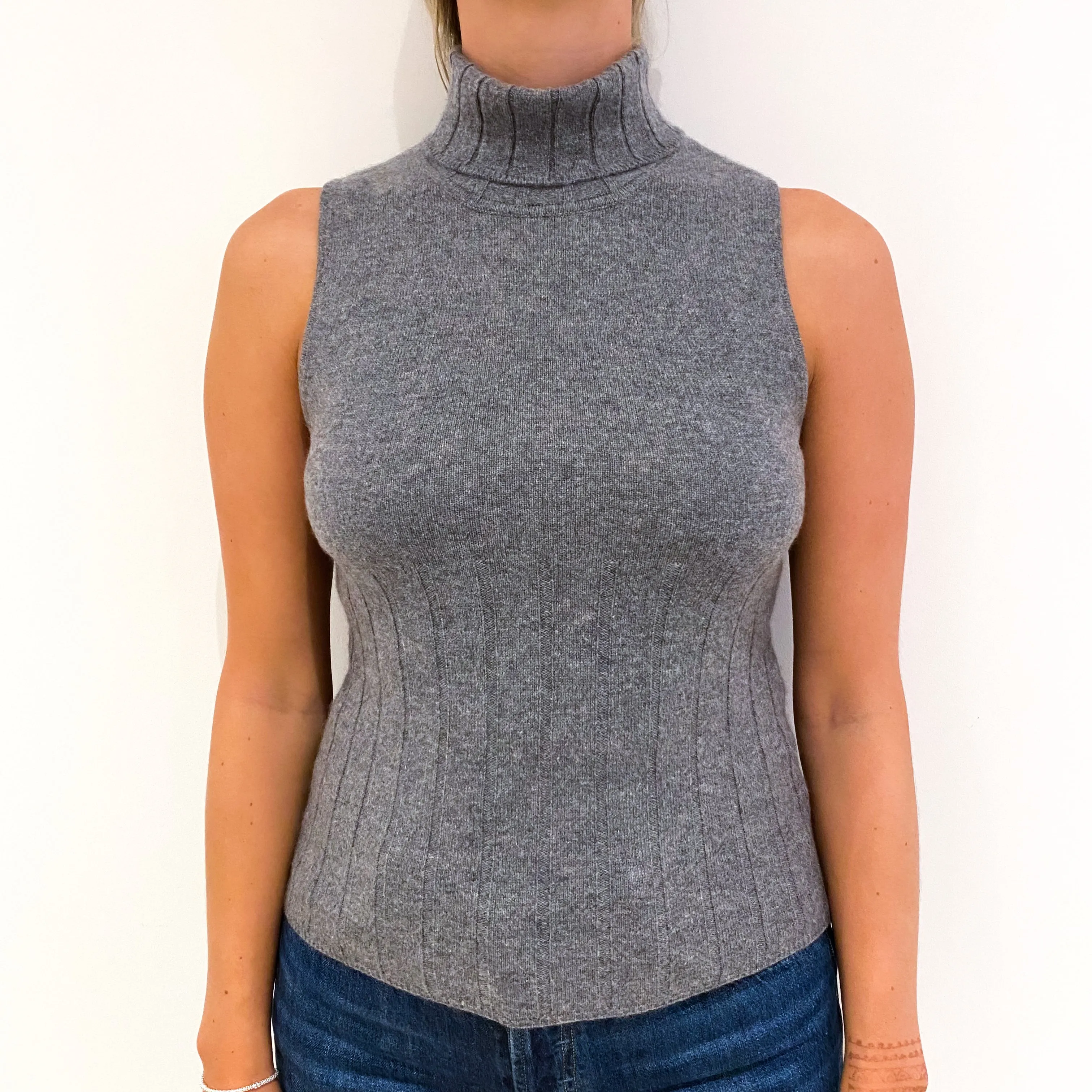 Ash Grey Sleeveless Cashmere Polo Neck Jumper Small