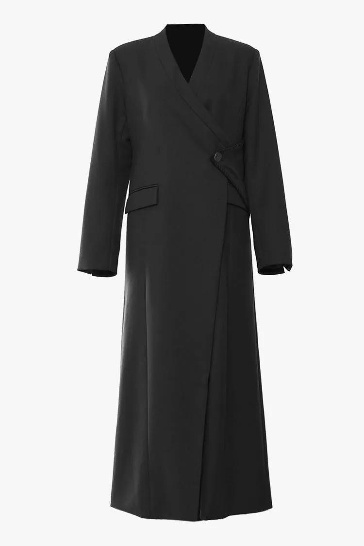 Asymmetrical Collarless Wrapped One Button Shoulder Pad Duster Coat