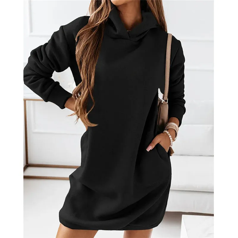 Autumn/Winter New Women's Wear with Hat Trendy Long Sleeve Solid Color Women's Dress