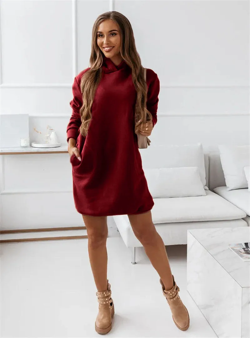 Autumn/Winter New Women's Wear with Hat Trendy Long Sleeve Solid Color Women's Dress