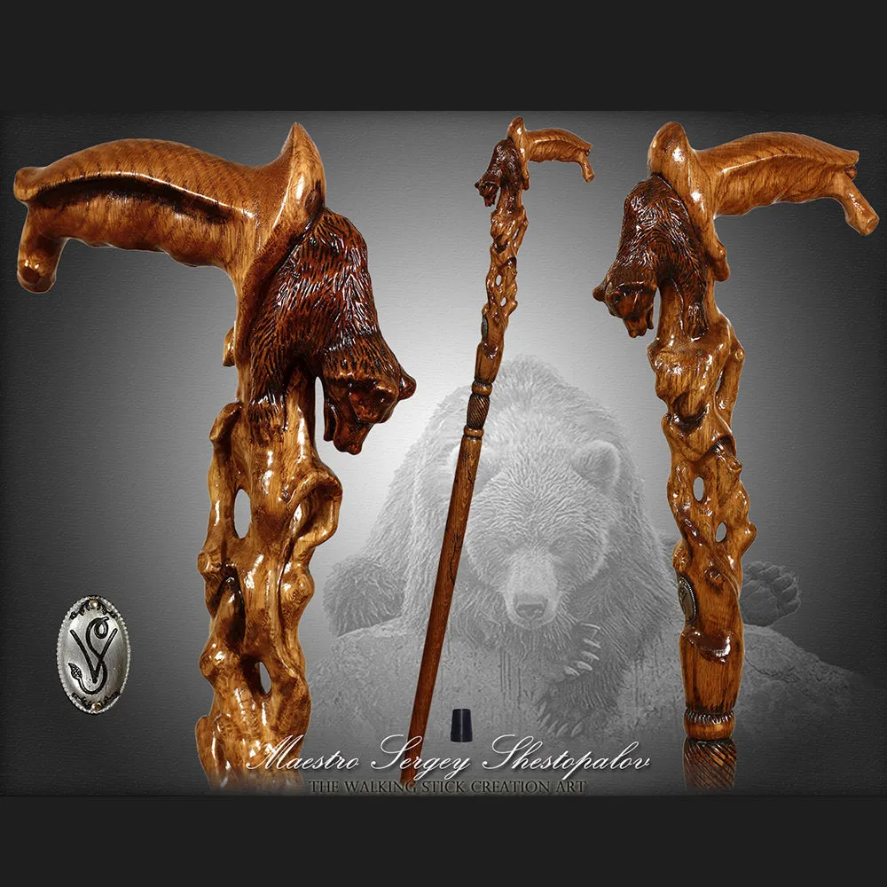 Awakening Bear (dark) Artisan Intricate Handcarved Cane