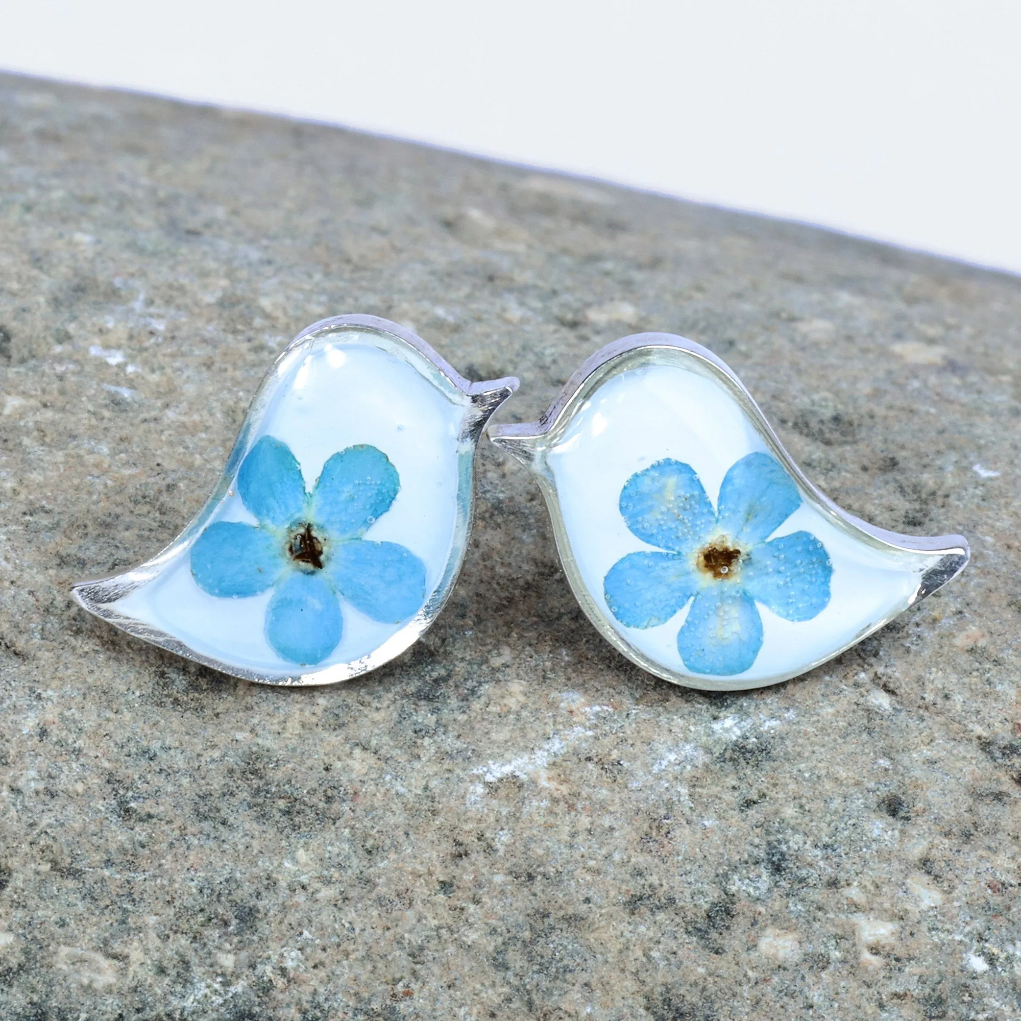 Bird-Shaped Natural Blue Flower Resin Button Earrings - Symphony of Memories | NOVICA