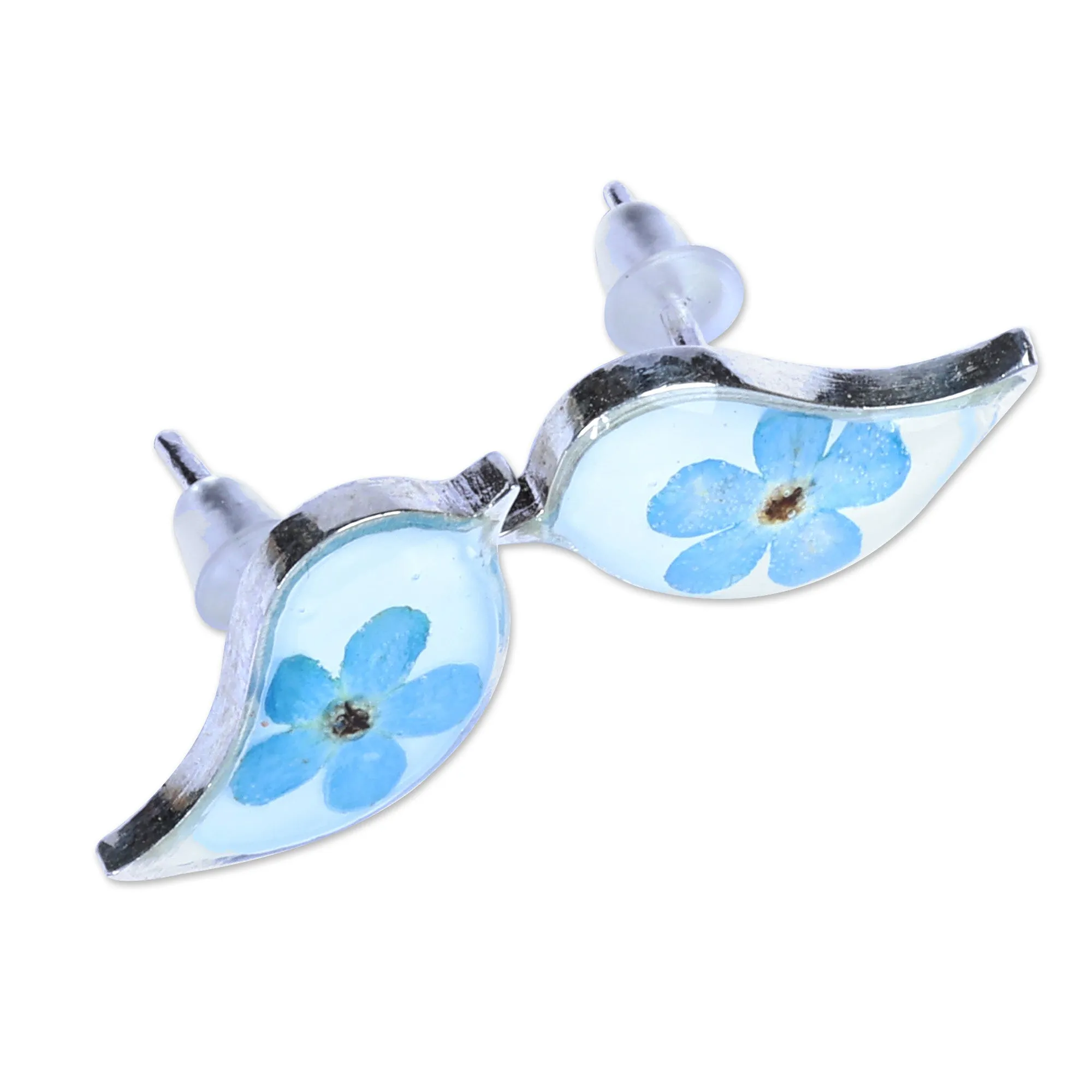 Bird-Shaped Natural Blue Flower Resin Button Earrings - Symphony of Memories | NOVICA