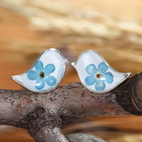 Bird-Shaped Natural Blue Flower Resin Button Earrings - Symphony of Memories | NOVICA