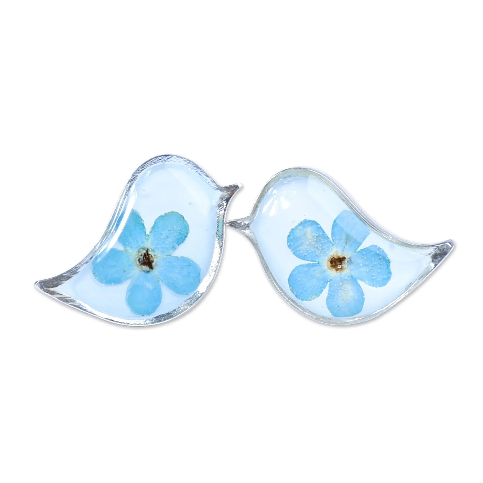 Bird-Shaped Natural Blue Flower Resin Button Earrings - Symphony of Memories | NOVICA