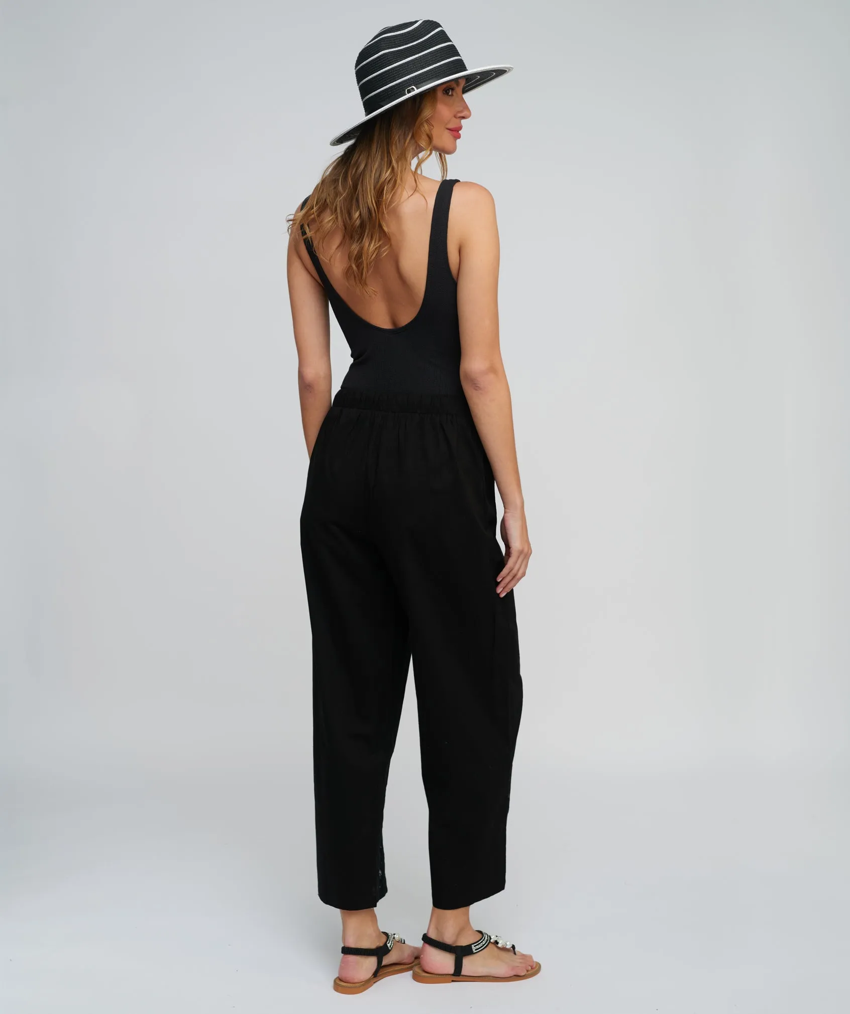 Black Beach Trousers with Lace Panel Front and Tassel Tie