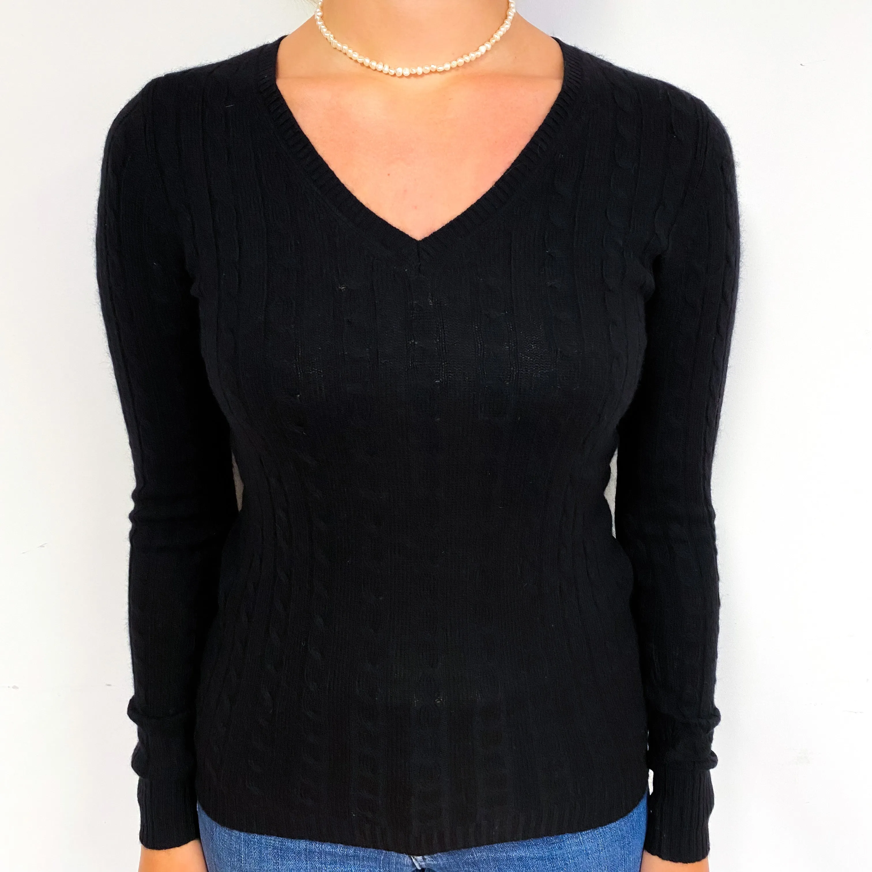 Black Cable Lightweight Cashmere V-Neck Jumper Small