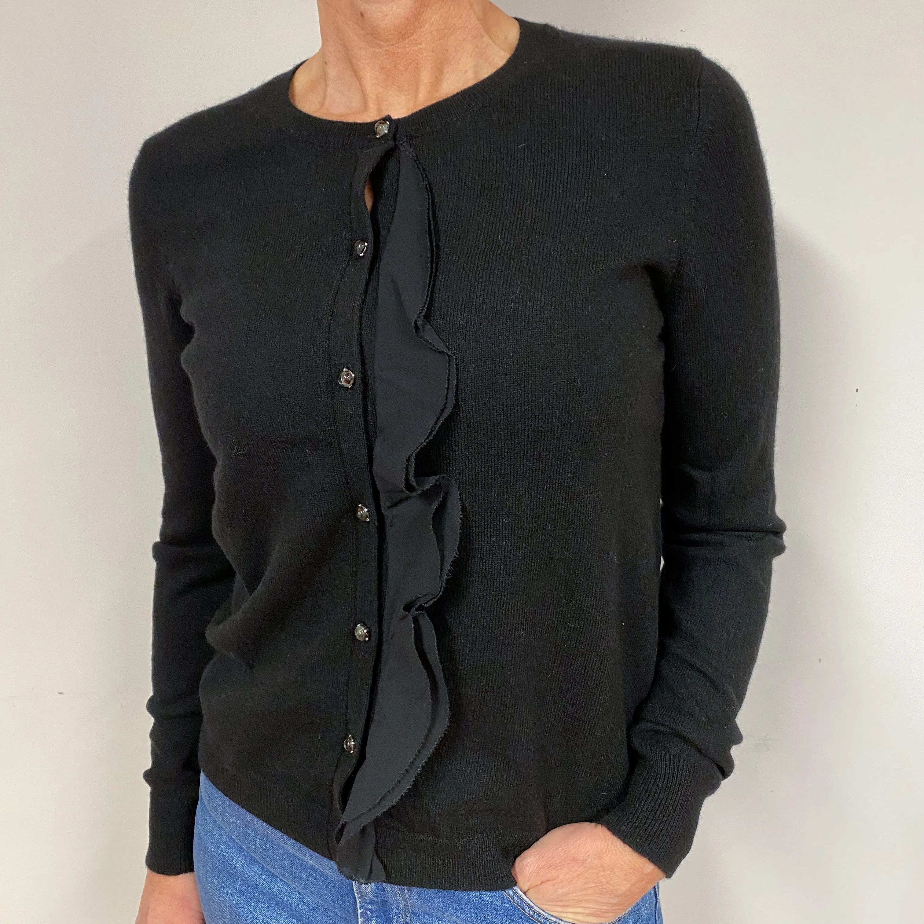 Black Chiffon Trim Cashmere Crew Neck Cardigan Medium