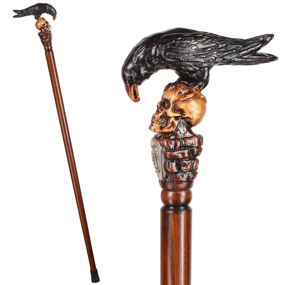 Black Crow & Skull Artisan Intricate Handcarved Cane