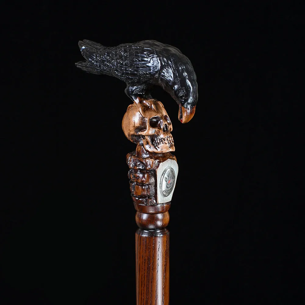 Black Crow & Skull Artisan Intricate Handcarved Cane