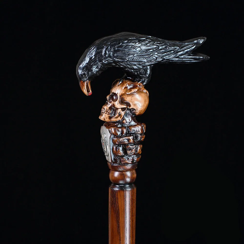 Black Crow & Skull Artisan Intricate Handcarved Cane