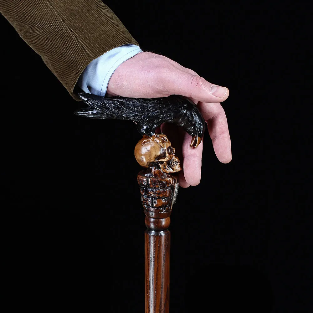 Black Crow & Skull Artisan Intricate Handcarved Cane