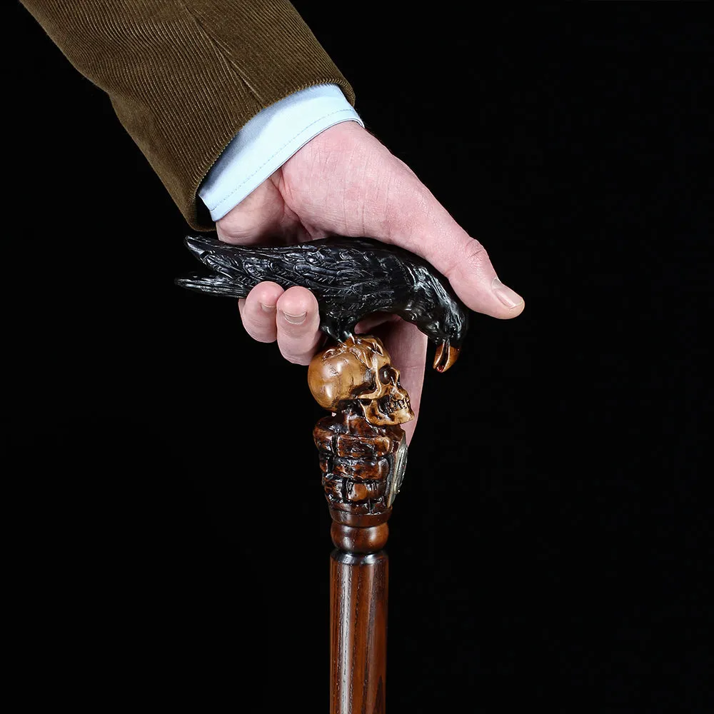 Black Crow & Skull Artisan Intricate Handcarved Cane