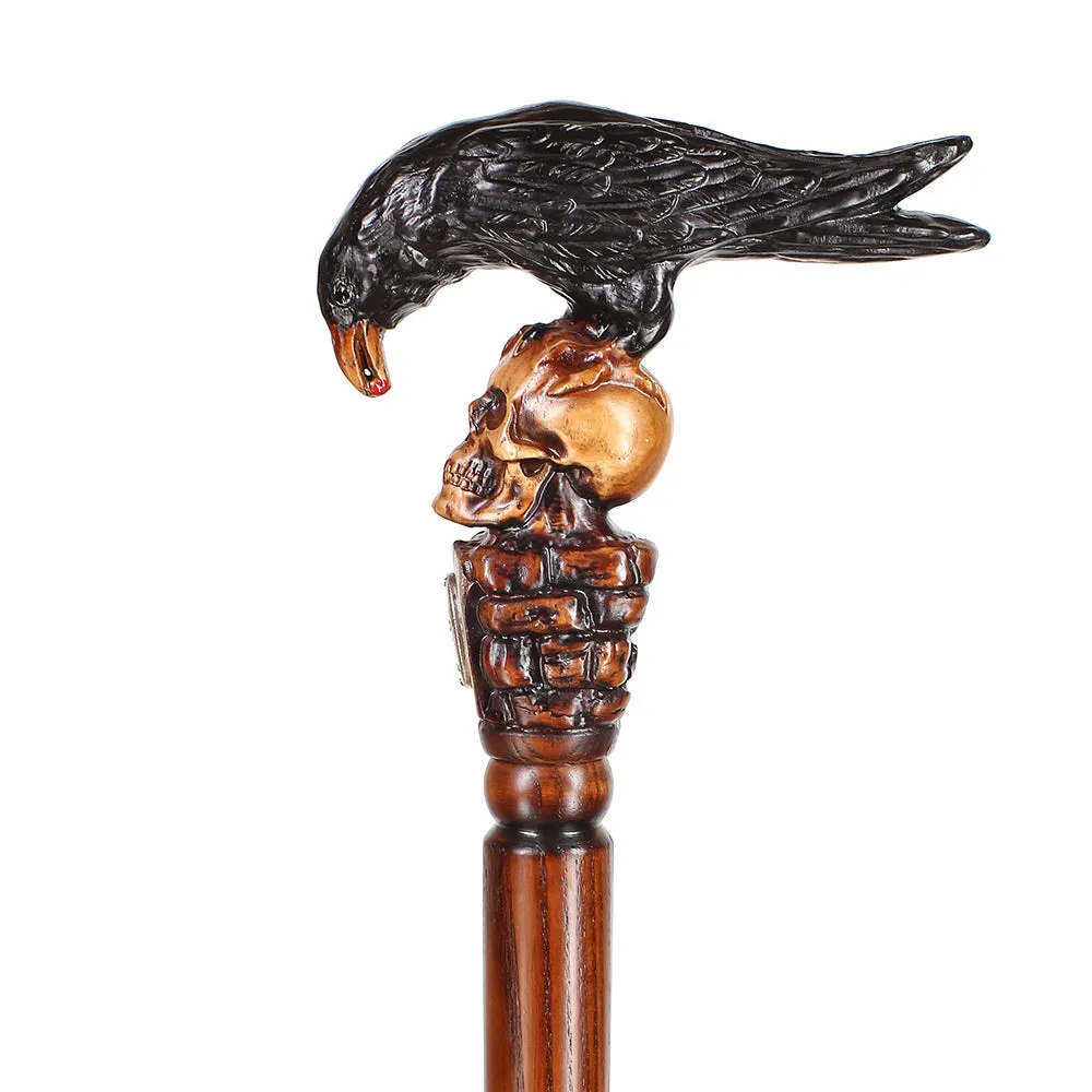 Black Crow & Skull Artisan Intricate Handcarved Cane