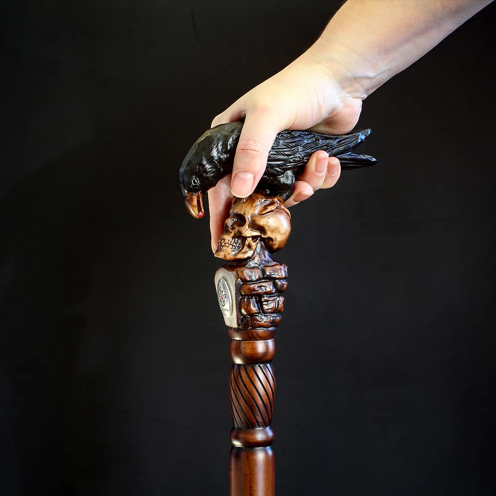 Black Crow & Skull Artisan Intricate Handcarved Cane