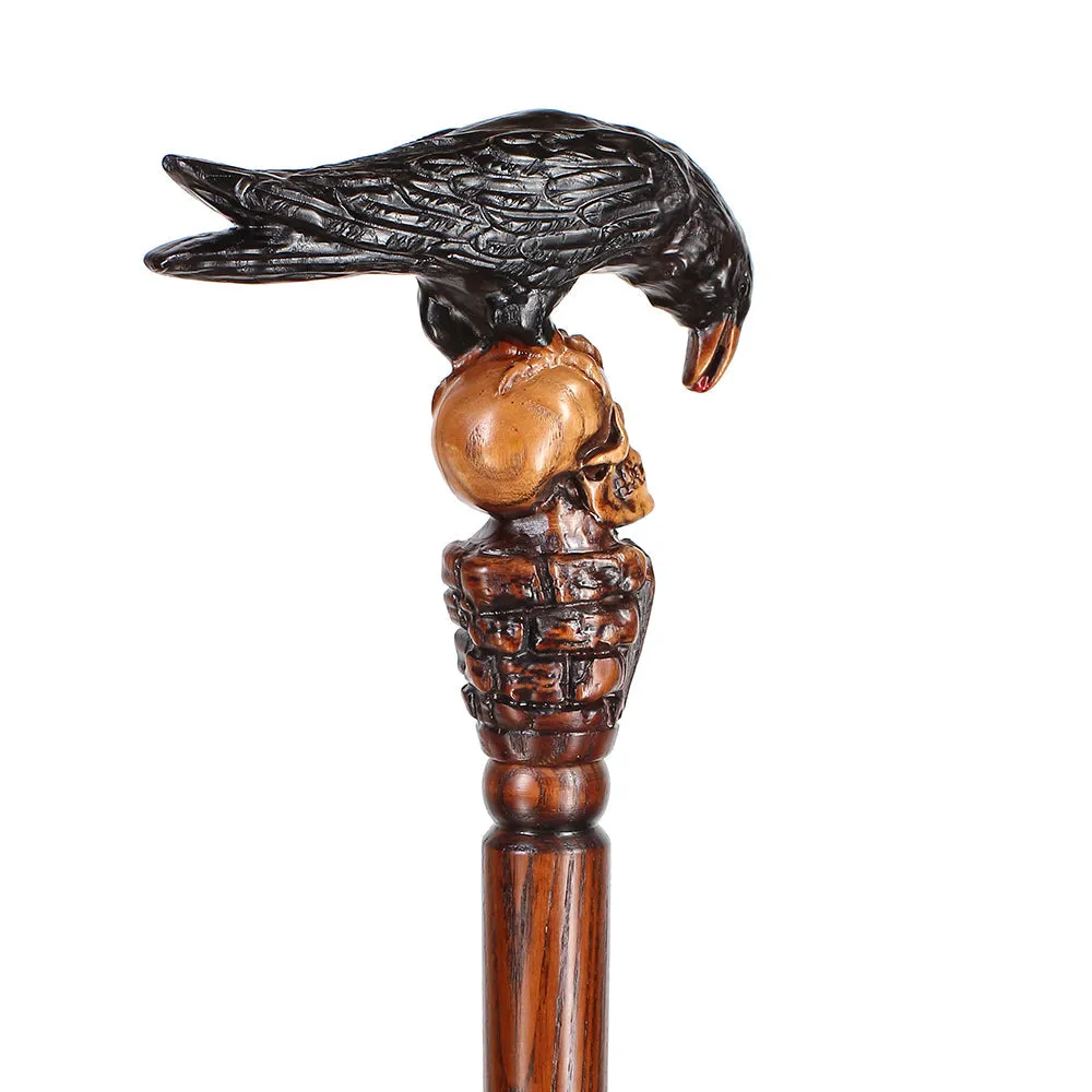 Black Crow & Skull Artisan Intricate Handcarved Cane