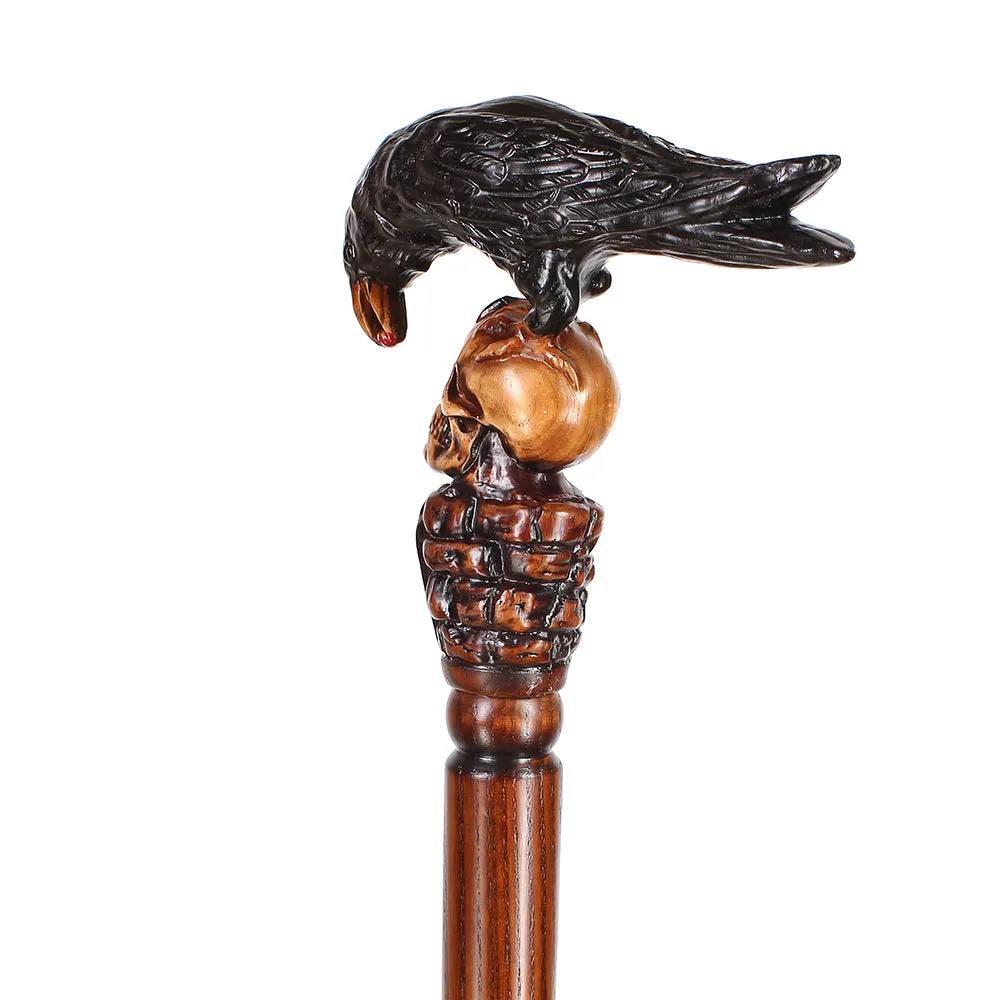 Black Crow & Skull Artisan Intricate Handcarved Cane