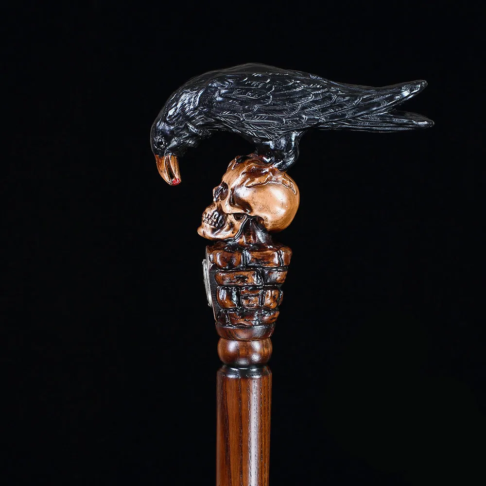 Black Crow & Skull Artisan Intricate Handcarved Cane