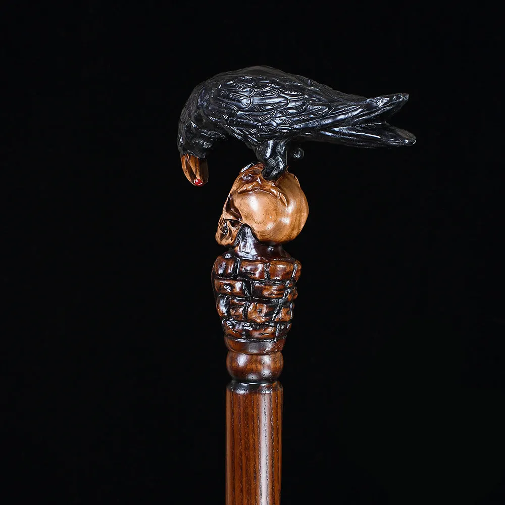 Black Crow & Skull Artisan Intricate Handcarved Cane