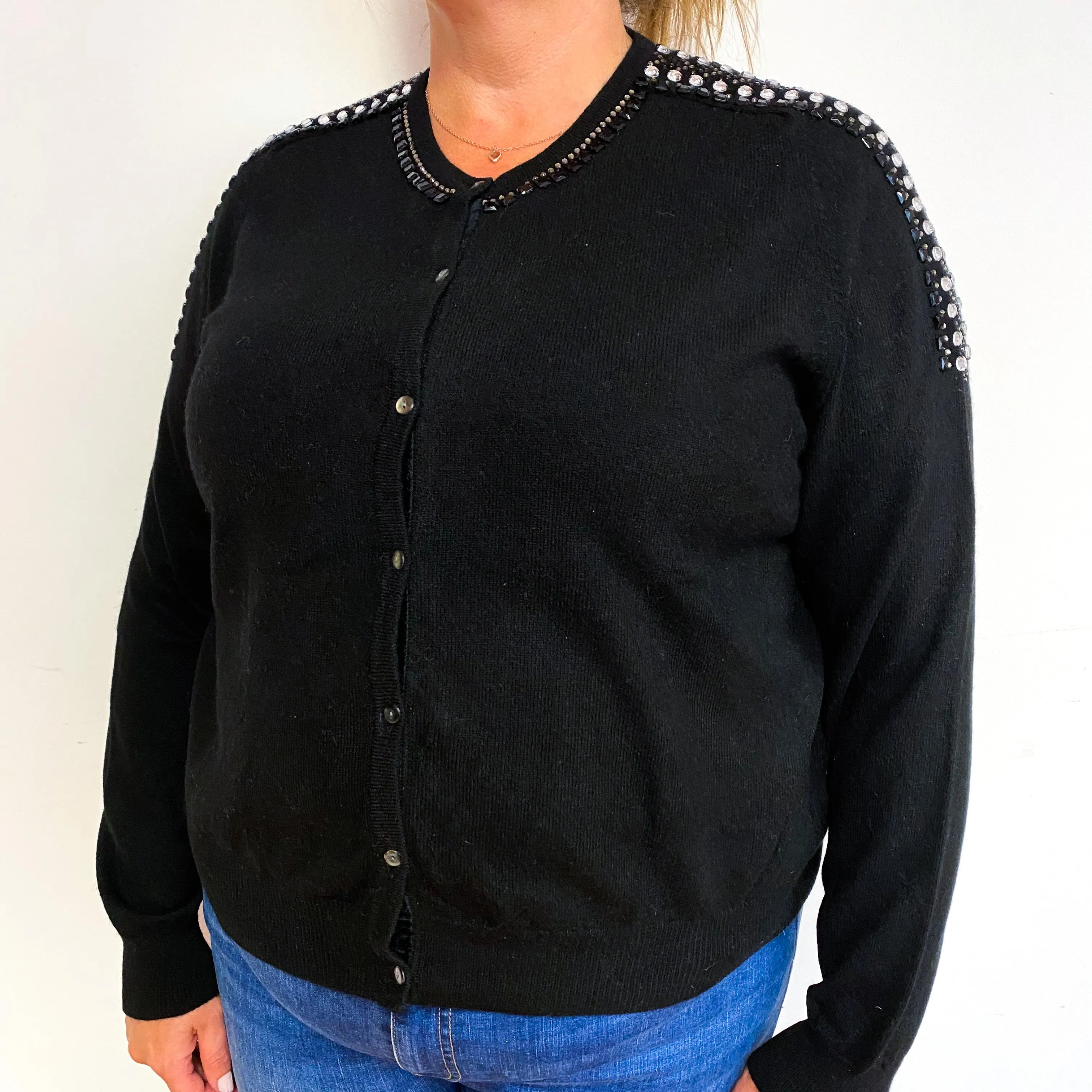 Black Embellished Cashmere Crew Neck Cardigan Extra Large