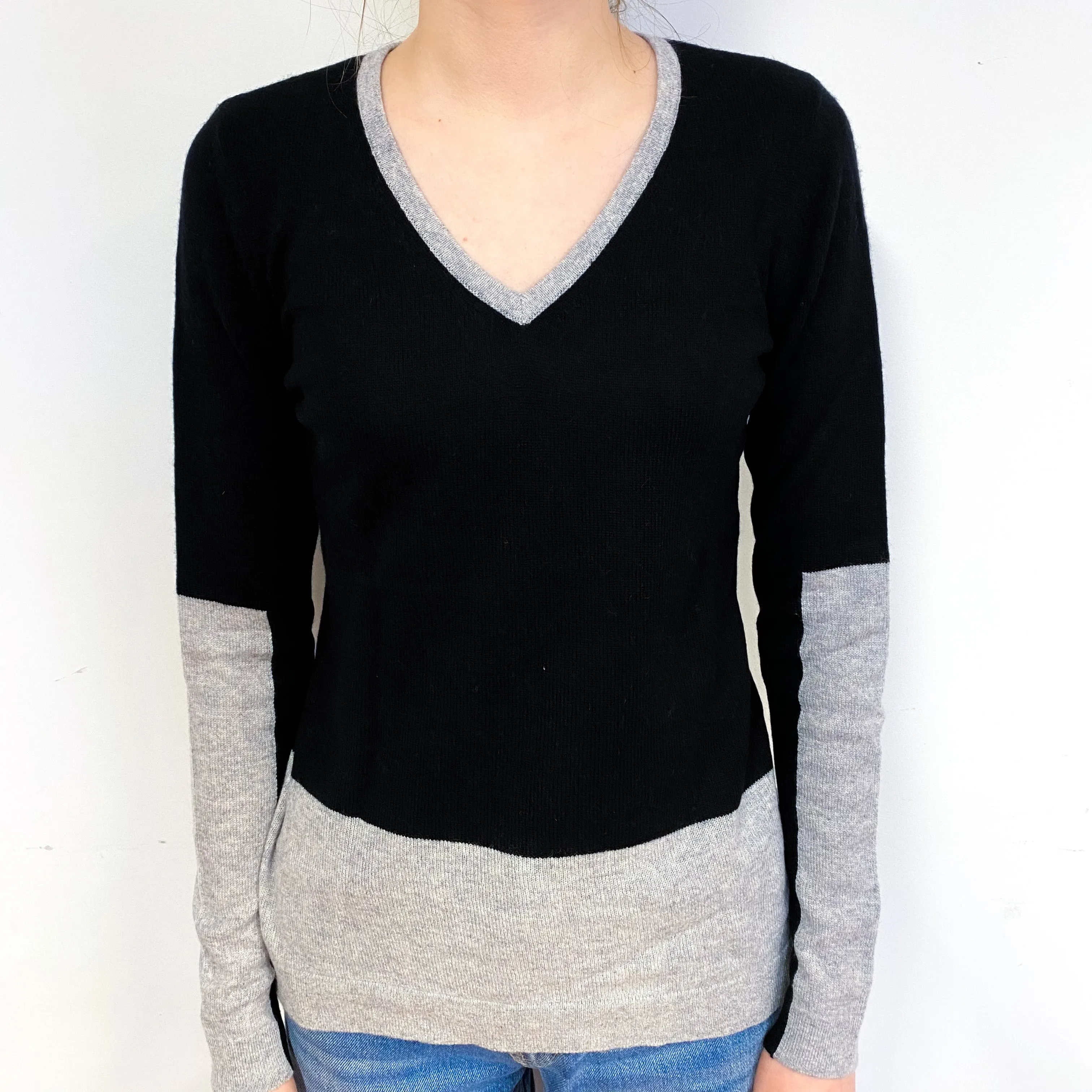 Black Grey Colour Block Cashmere V-Neck Jumper Extra Small