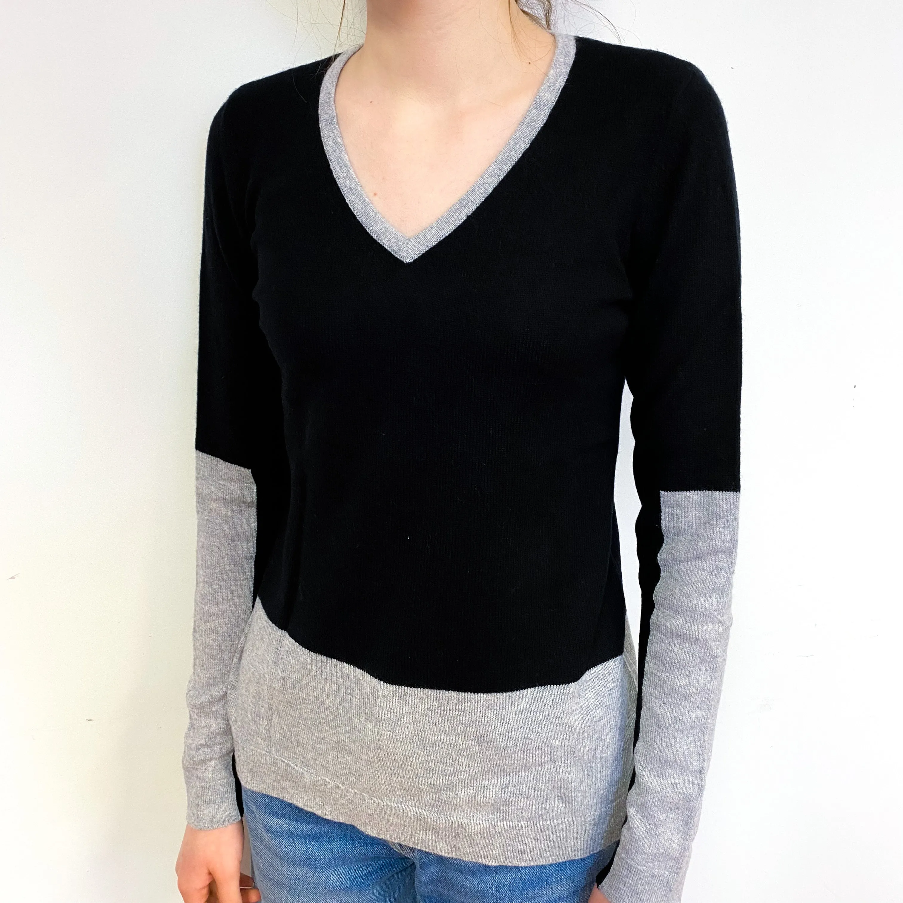 Black Grey Colour Block Cashmere V-Neck Jumper Extra Small