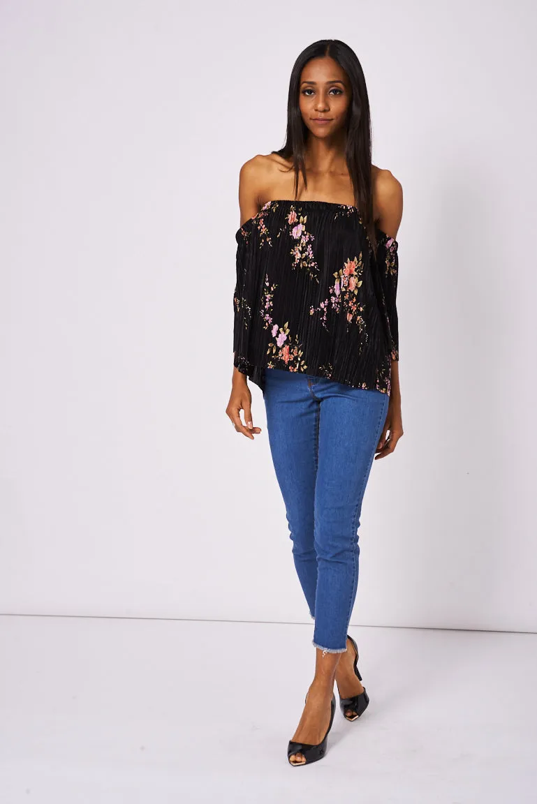 Black Pleated Off Shoulder Top With Floral Pattern