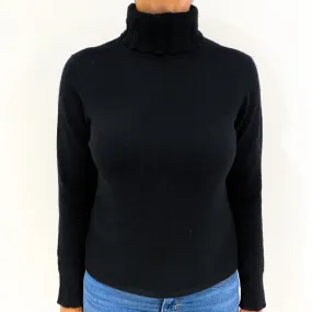 Black Rib Sleeve Cashmere Polo Neck Jumper Medium