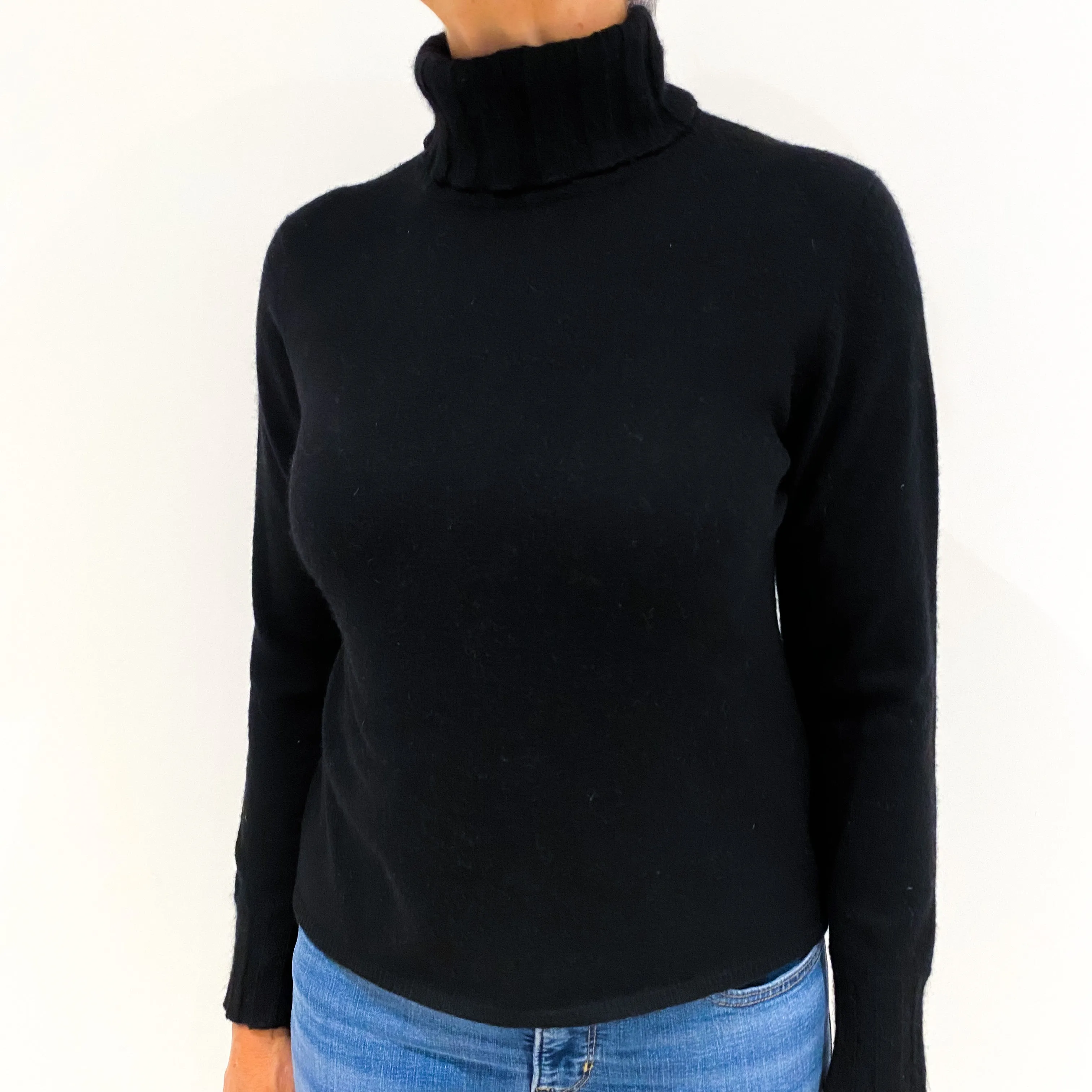 Black Rib Sleeve Cashmere Polo Neck Jumper Medium