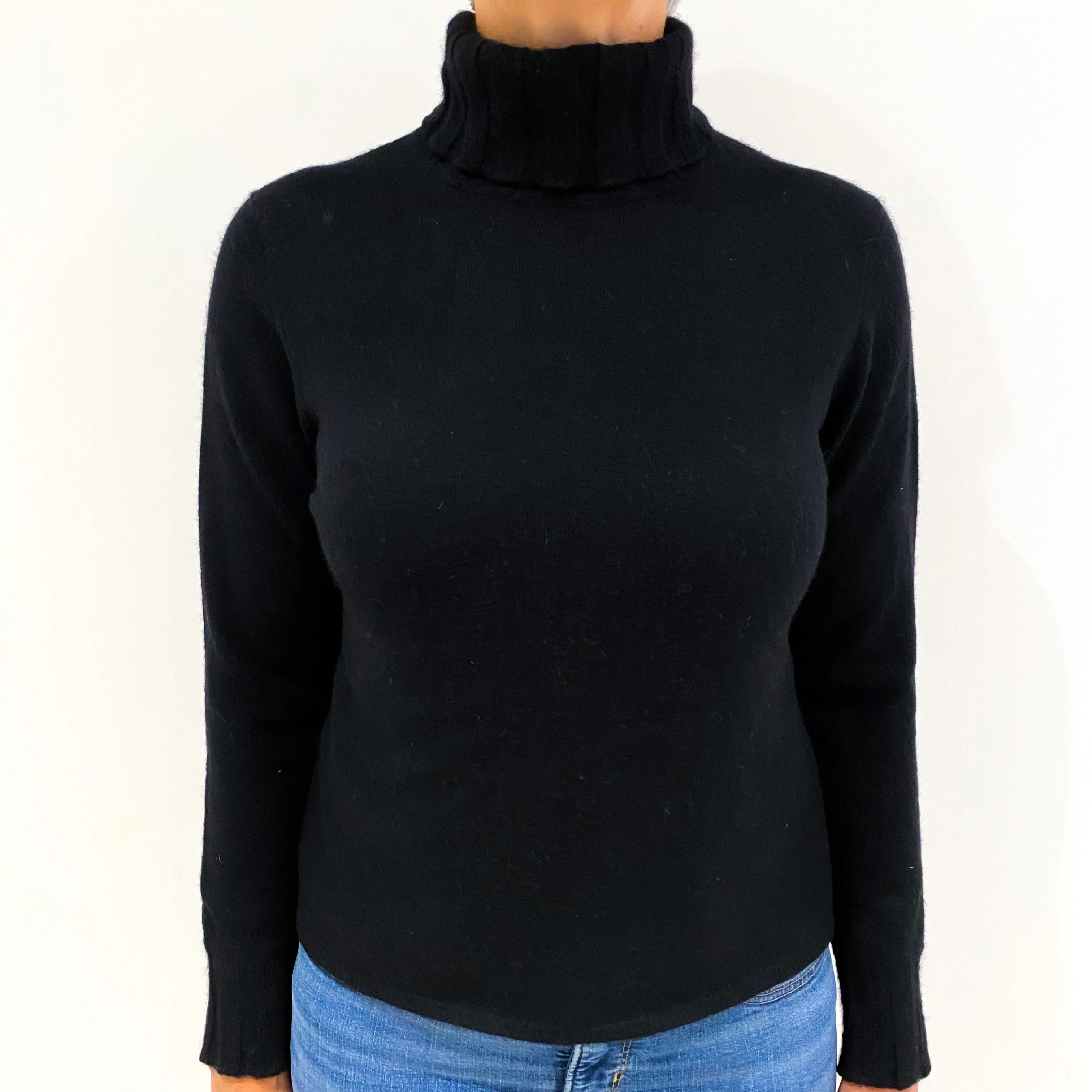 Black Rib Sleeve Cashmere Polo Neck Jumper Medium