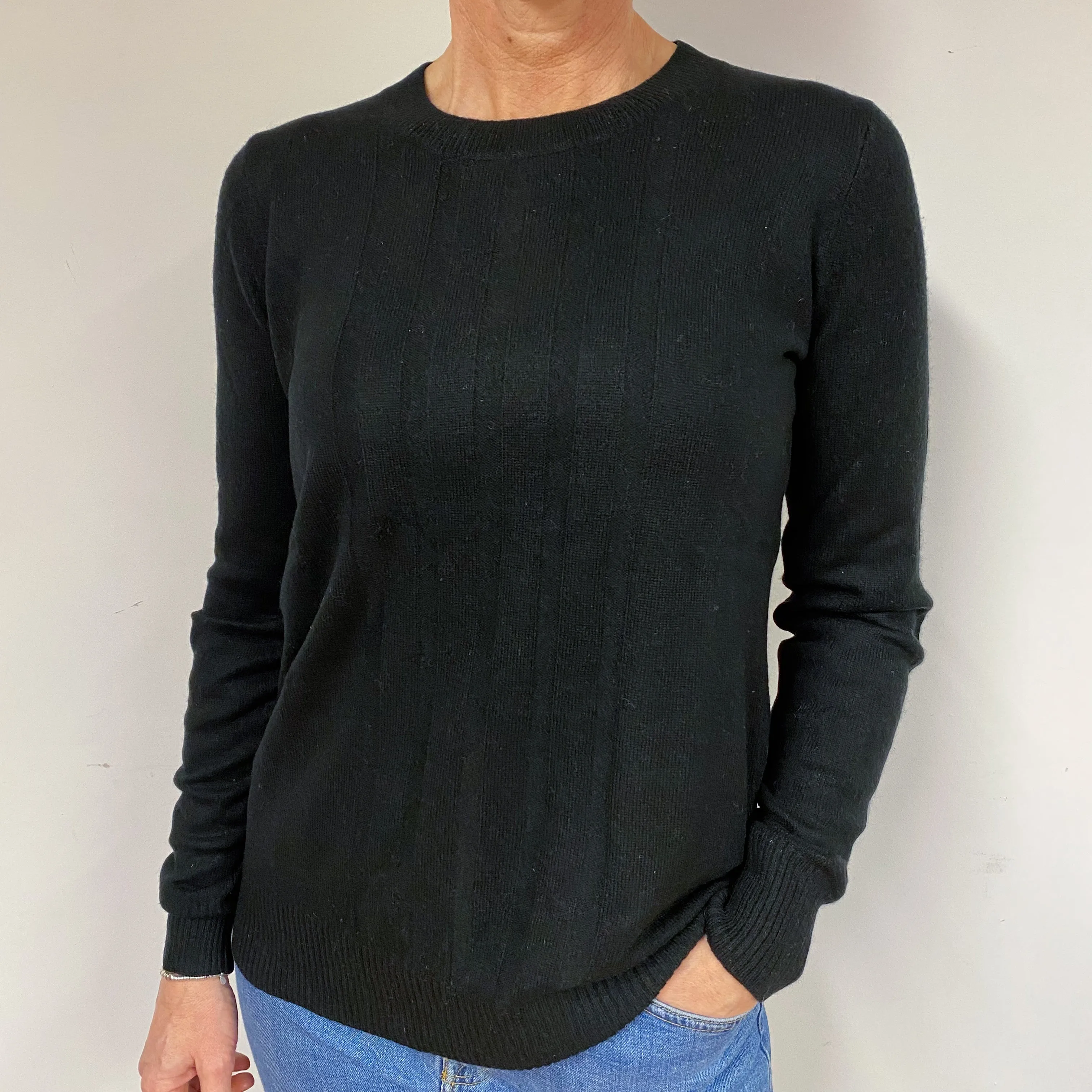 Black Ribbed Cashmere Crew Neck Jumper Medium